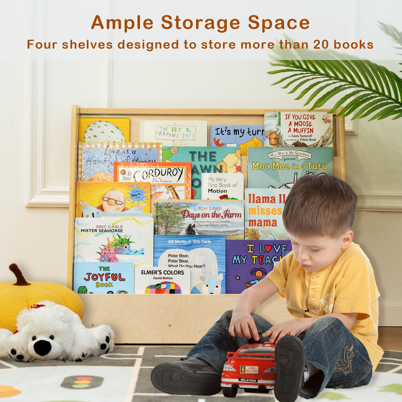 Kidi House Wooden Kids Bookshelf, Montessori 4-Tier Toddler Bookcase, Birch Baby Single-Sided Book Shelf for Kids Rooms, Nursery, Bedrooms, Study Rooms