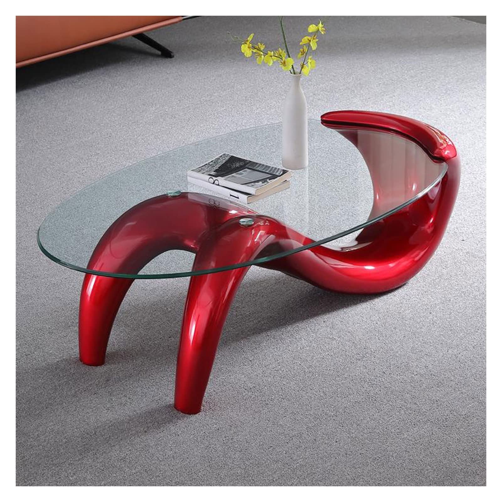 SUNESAEnd Table Oval Tempered Glass Coffee Table,L35.4inches Side Table Center Tea Sofa Table for Living Room, Sitting Room, Home Office Decor, Easy Assembly Side Table (Color : Rosso)
