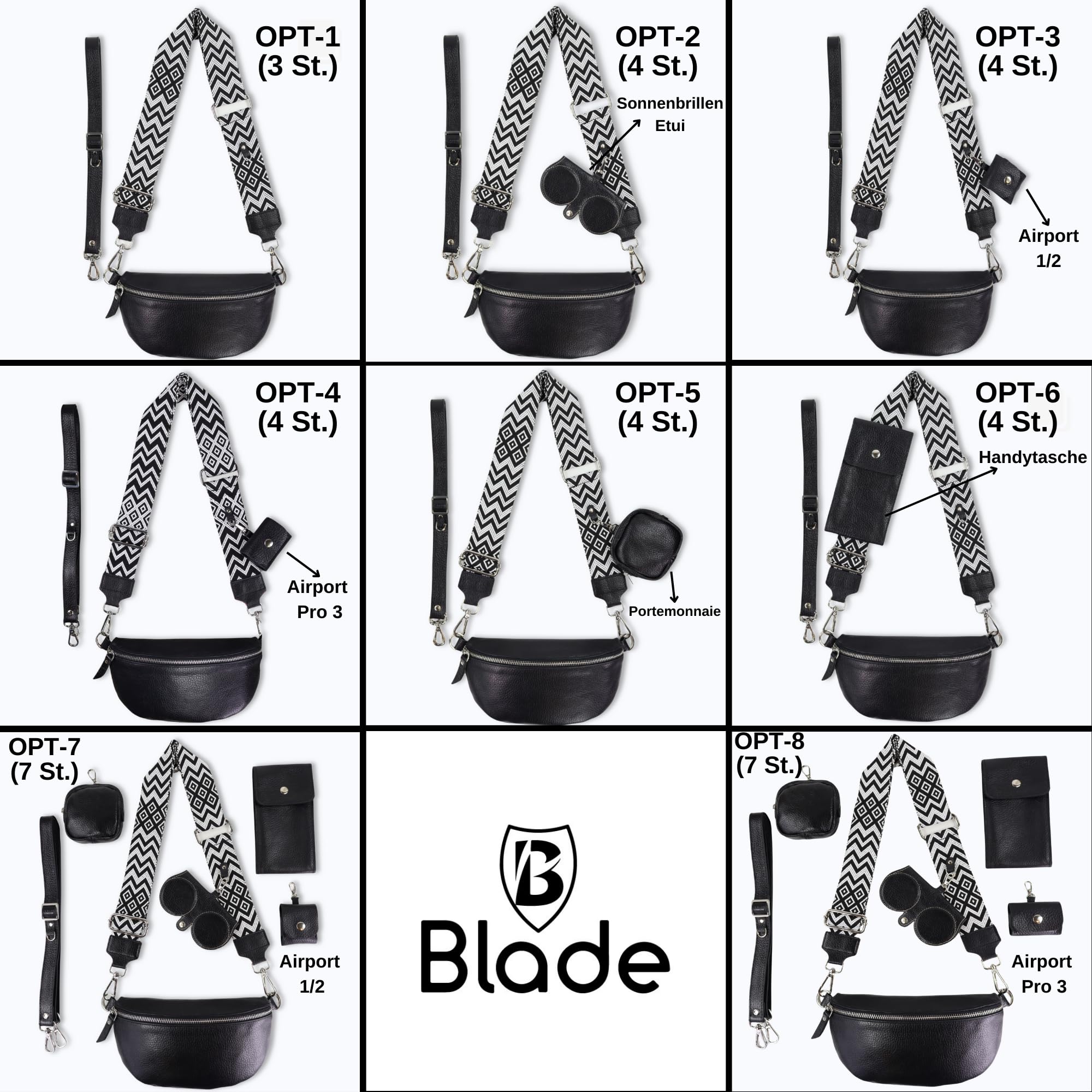 Blade Marsupio da donna in vera pelle, elegante borsa a tracolla, con 2 spallacci regolabili rimovibili, tasca sul petto per donna nera, Nero option-7, L