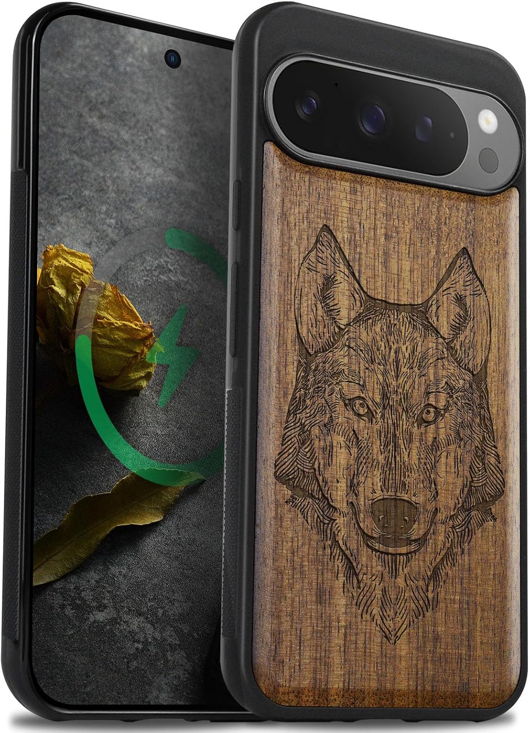 Carveit Magnetic Wooden Case for Google Pixel 9 Pro XL Case, Wood Artisan Engraved & Soft TPU Shockproof Cover, Compatible with MagSafe Wireless Chargers (Wolf Head) Walnut