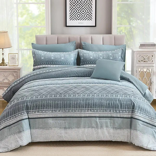 WONGS BEDDING 8 Piece King Size Comforter Set, Blue Striped Bed in a Bag Comforter and Sheet Set, Boho Lightweight Microfiber Bedding Set for All Season (90"×104")