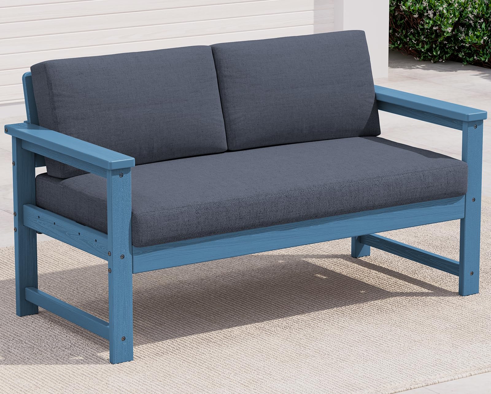 SERWALL HDPE Outdoor Loveseat with Cushion, Outdoor Sectional Furniture Set