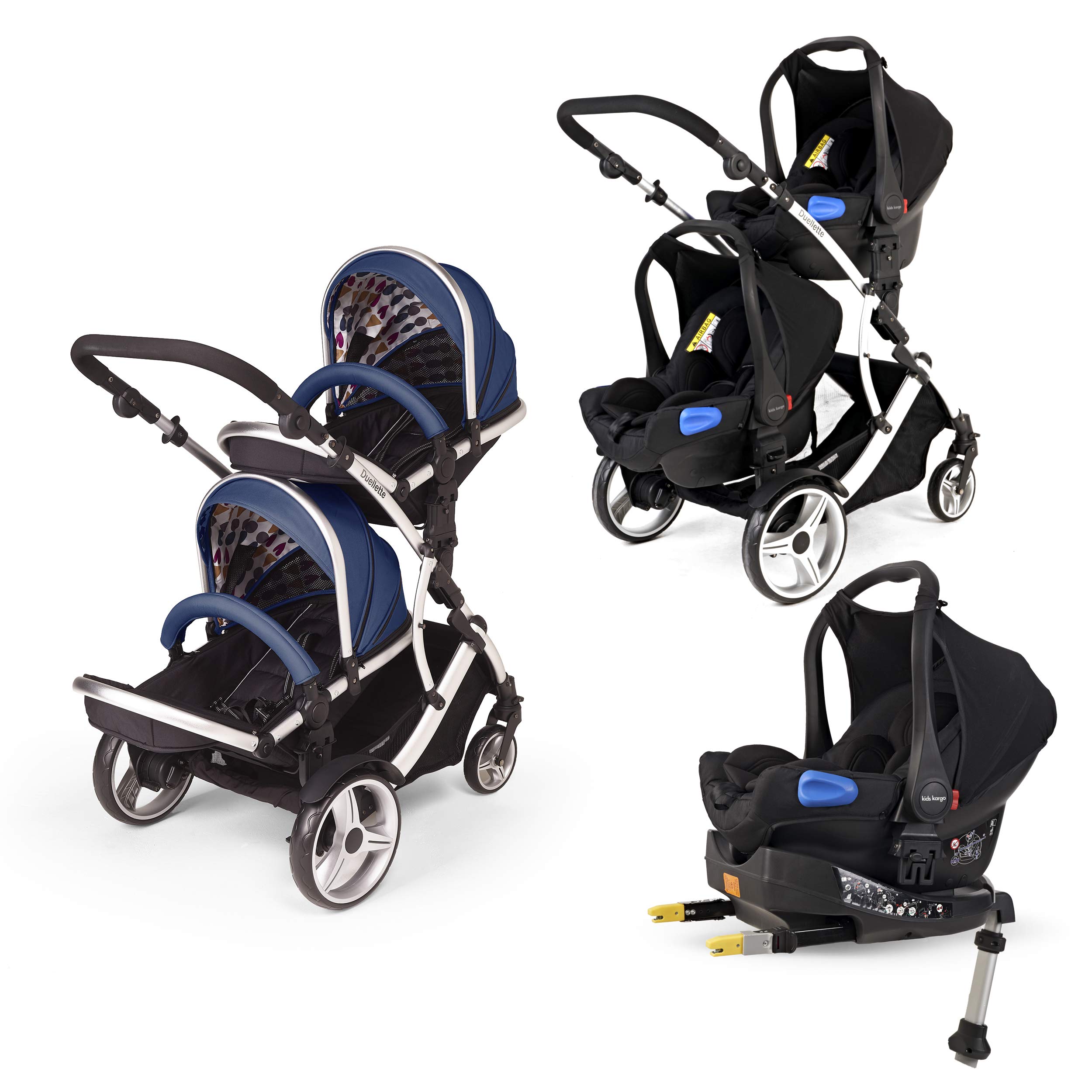Kids KargoDouble Tandem Duellette Hybrid + 2 Isofix Car Seats and Bases (Blueberry)