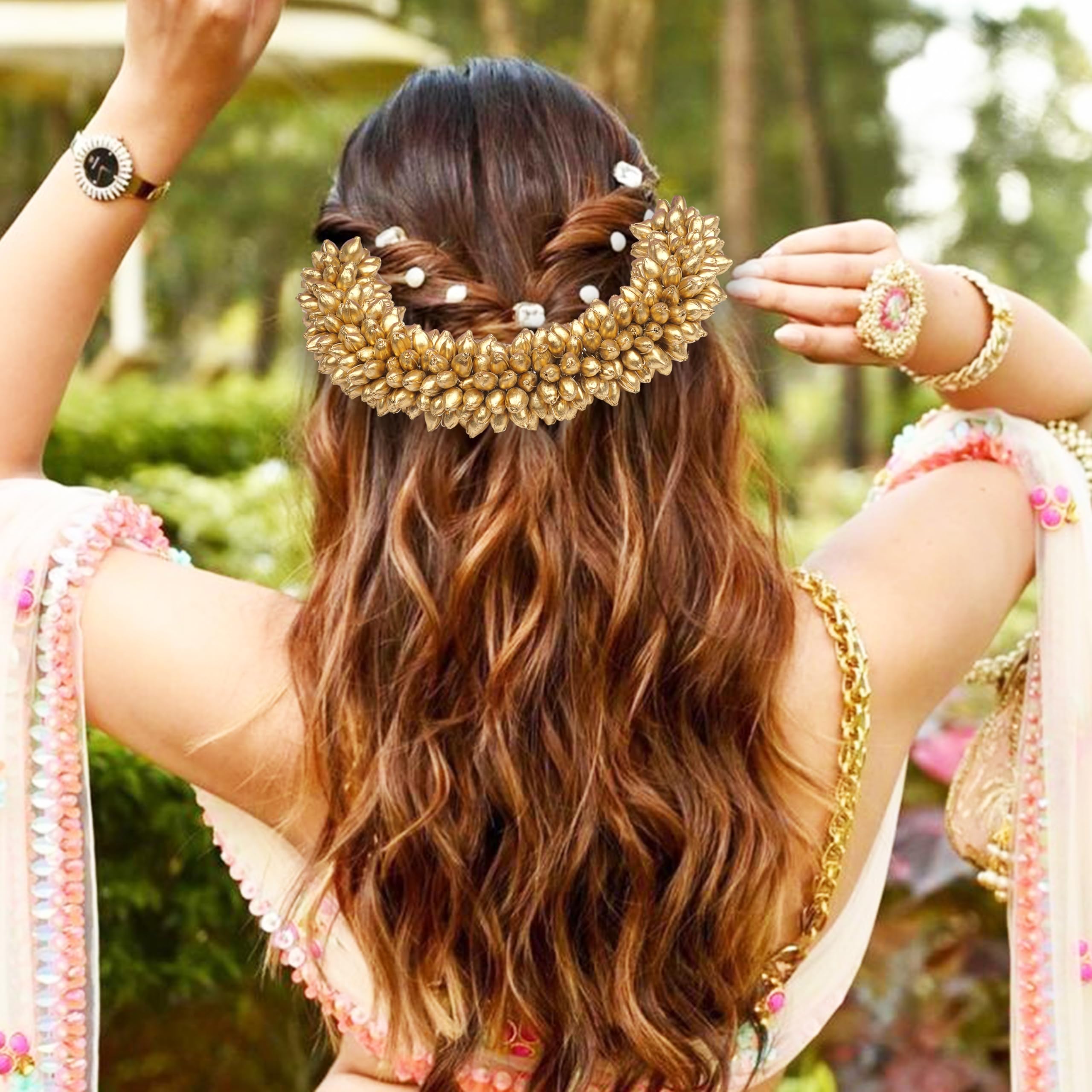 TrendyTrolley Artificial Premium Beaded Golden Gajra | Suitable For Wedding Haldi Bride to Be Mehendi Bharatnatyam Kathhak Dance (1 Pc) 2