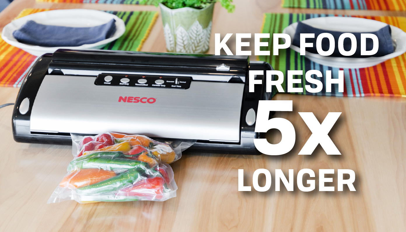 Nesco VS-02 Food Vacuum Sealer – Automatic One-Touch Operation, Prevents Freezer Burn, Includes Bags & Rolls