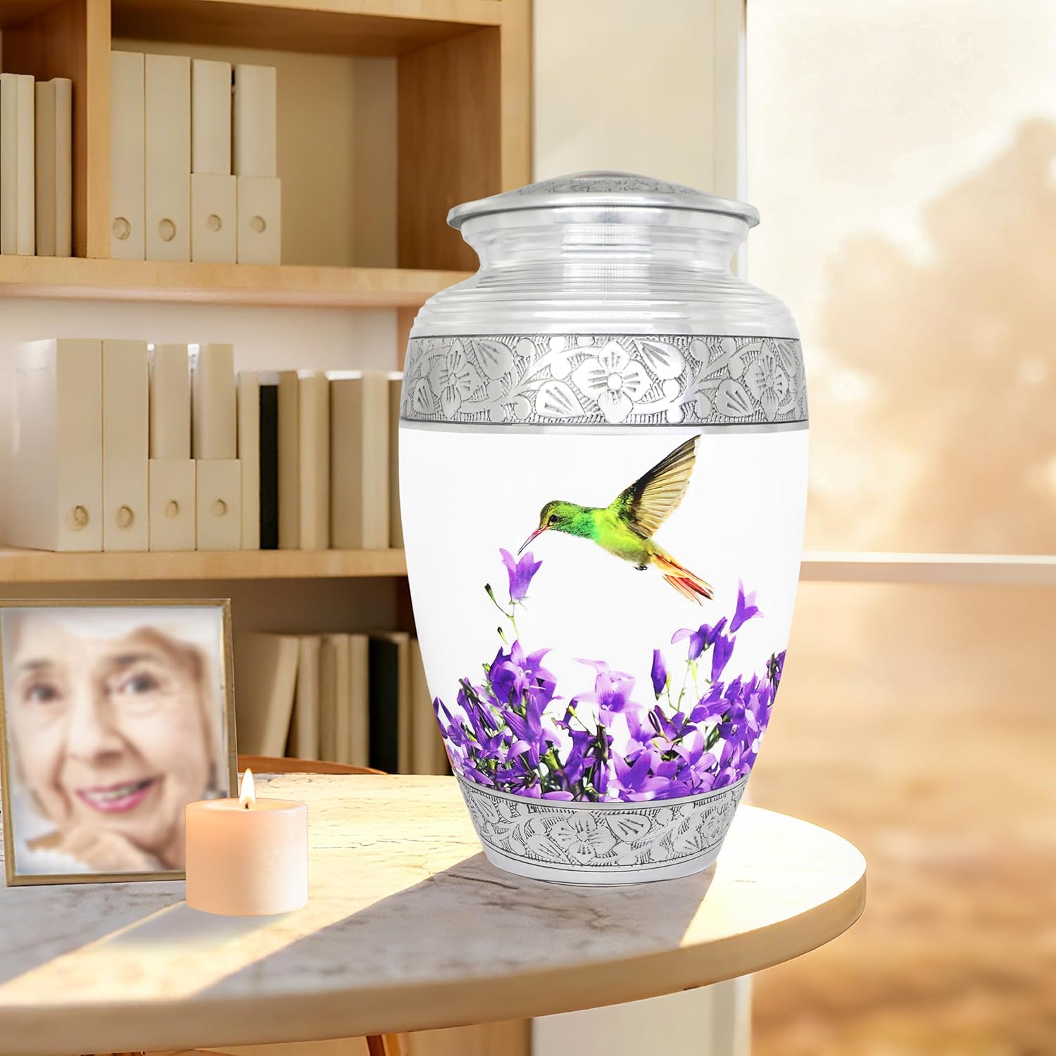 Cremation Urns for Human Ashes Adult Female & Male, Funeral Urn for Ashes for Women & Man, Decorative Urns for Burial, Purple Flower, Hummingbird Urns for Women, White - Large - Image 6