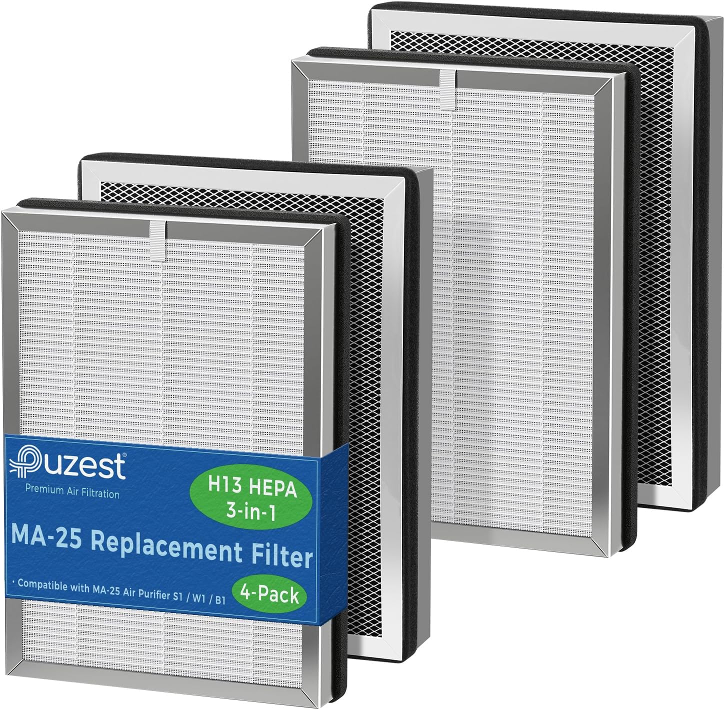 4-Pack MA-25 Replacement Filter Compatible with MA-25 Air Purifier S1/W1/B1, 3-Stage H13 True HEPA and Activated Carbon Filter