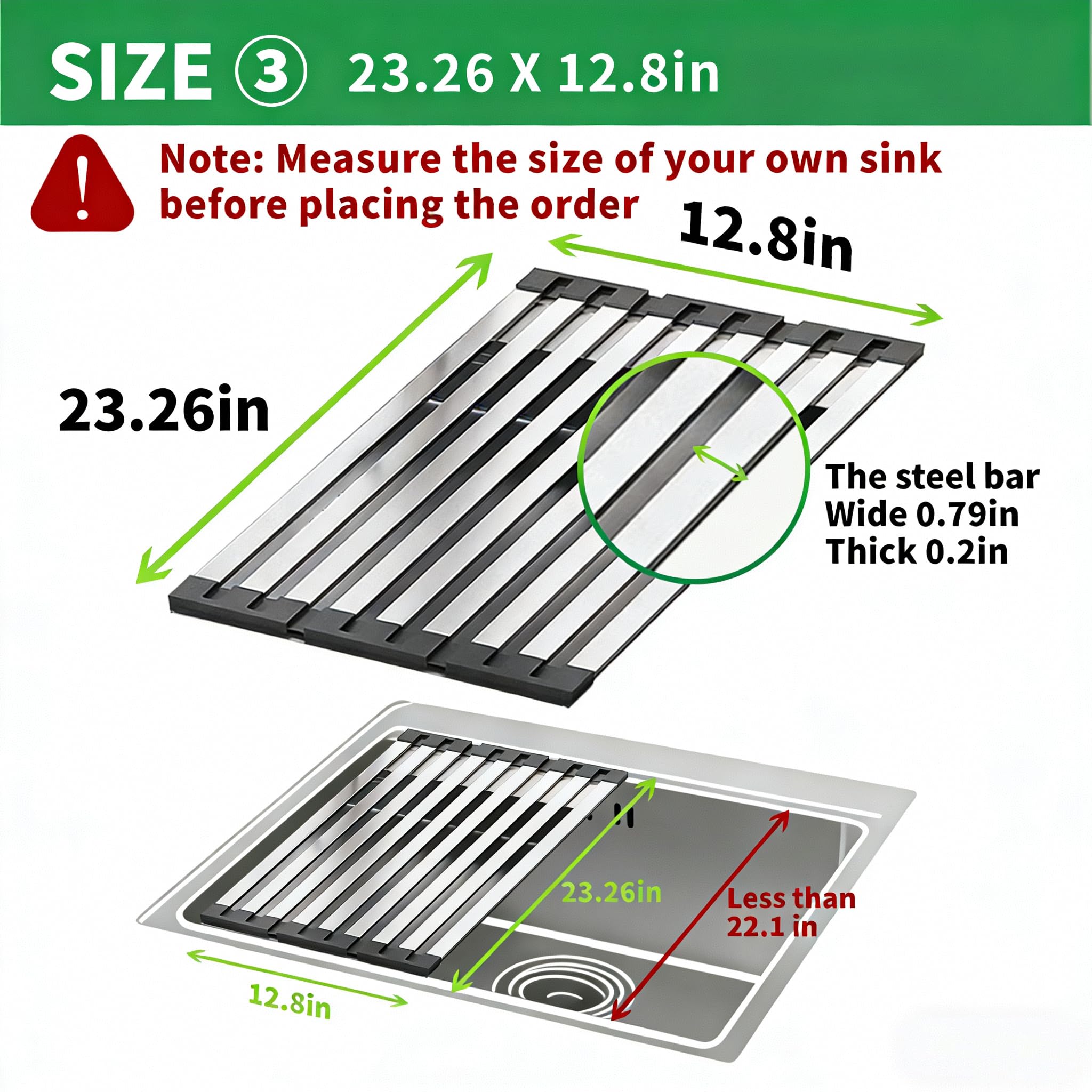 Scolapiatti pieghevole per lavello da cucina, scolapiatti sopra il lavello, scolapiatti per lavello, scolapiatti in acciaio inox (60 x 30 cm), tappetino scolapiatti per bottiglie,