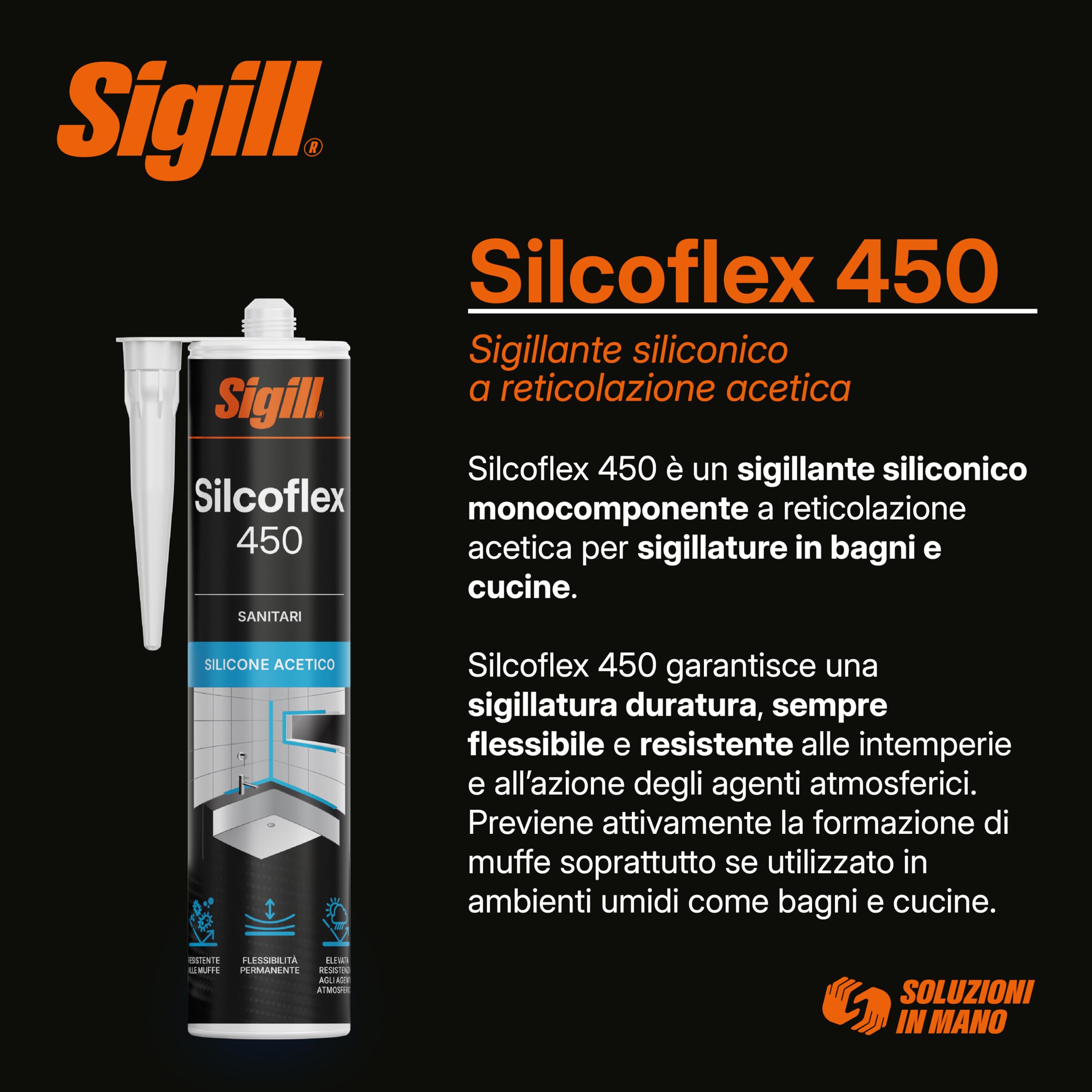 SIGILL, Silcoflex 450, Sigillante Siliconico Acetico Bianco, Ideato per Applicazioni su Vetro, Ceramica e Alluminio, Resistente a Muffe ed Agenti Atmosferici, non Verniciabile, 280 ml