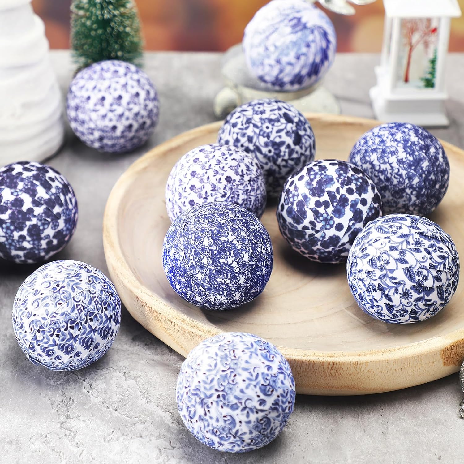 Libima 12 Pcs Blue and White Decorative Balls 2.76" Chinoiserie Balls for Centerpiece Bowls Filler Fabric Wrapped Bowl Filler Trays for Christmas Vases Tables Basket Home (Classic)