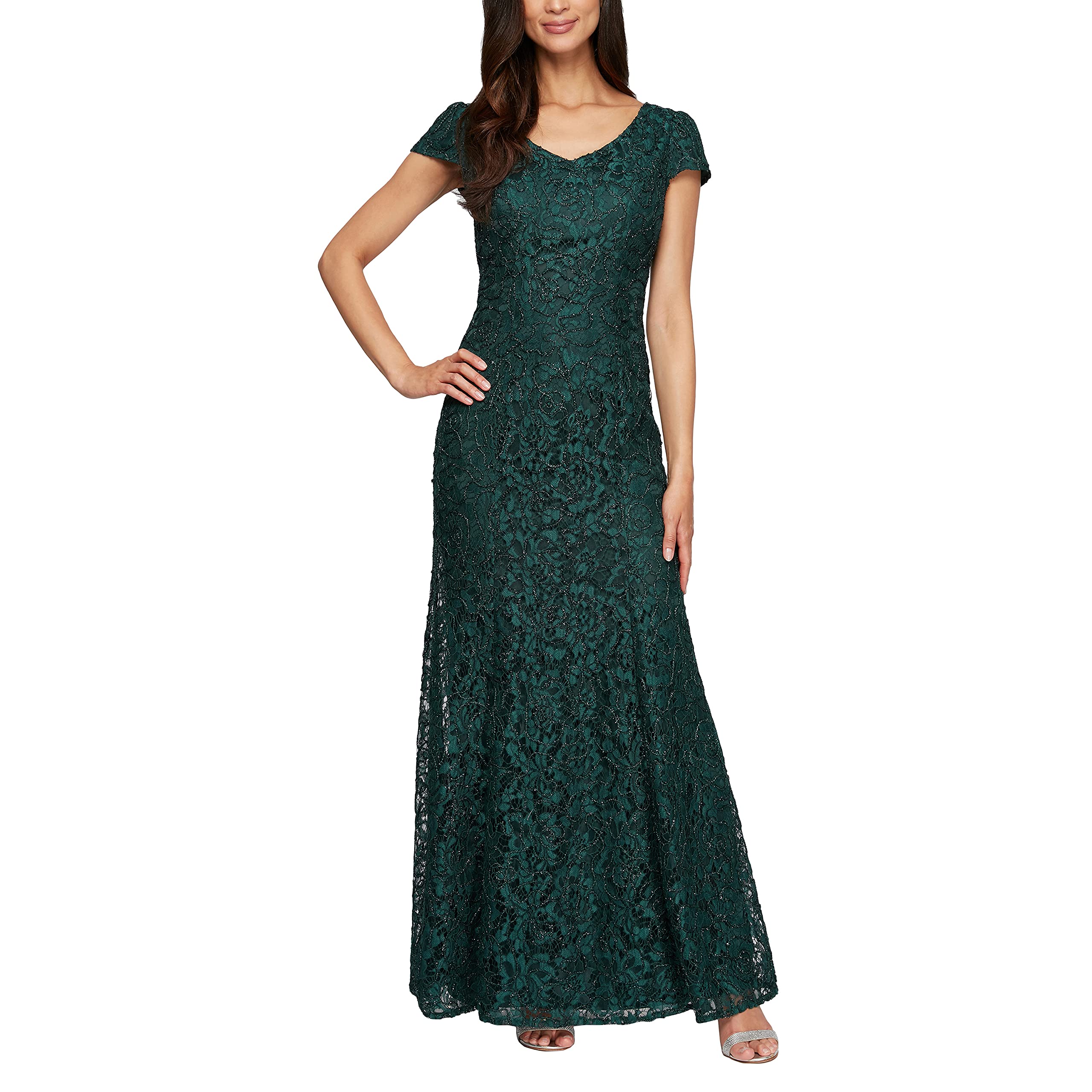 Alex Evenings Women's Long Rosette Mother of The Bride Dress with Short Sleeves: , Wedding Guest (Petite and Regular Sizes)