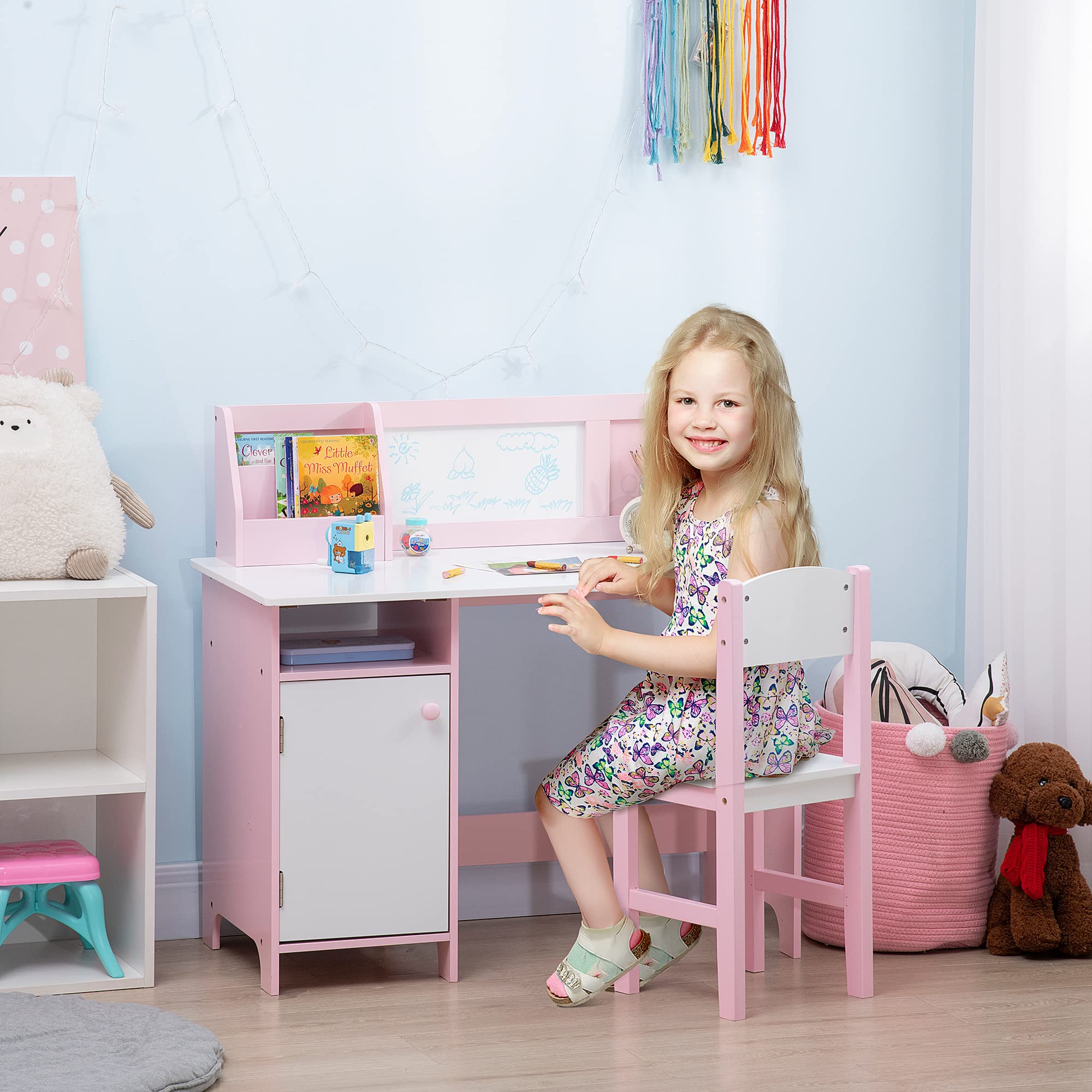 HOMCOM Ensemble Table et Chaise pour Enfant avec Tableau Blanc - Bureau pour Enfant +5 Ans 90L x 45l x 85H cm Rose