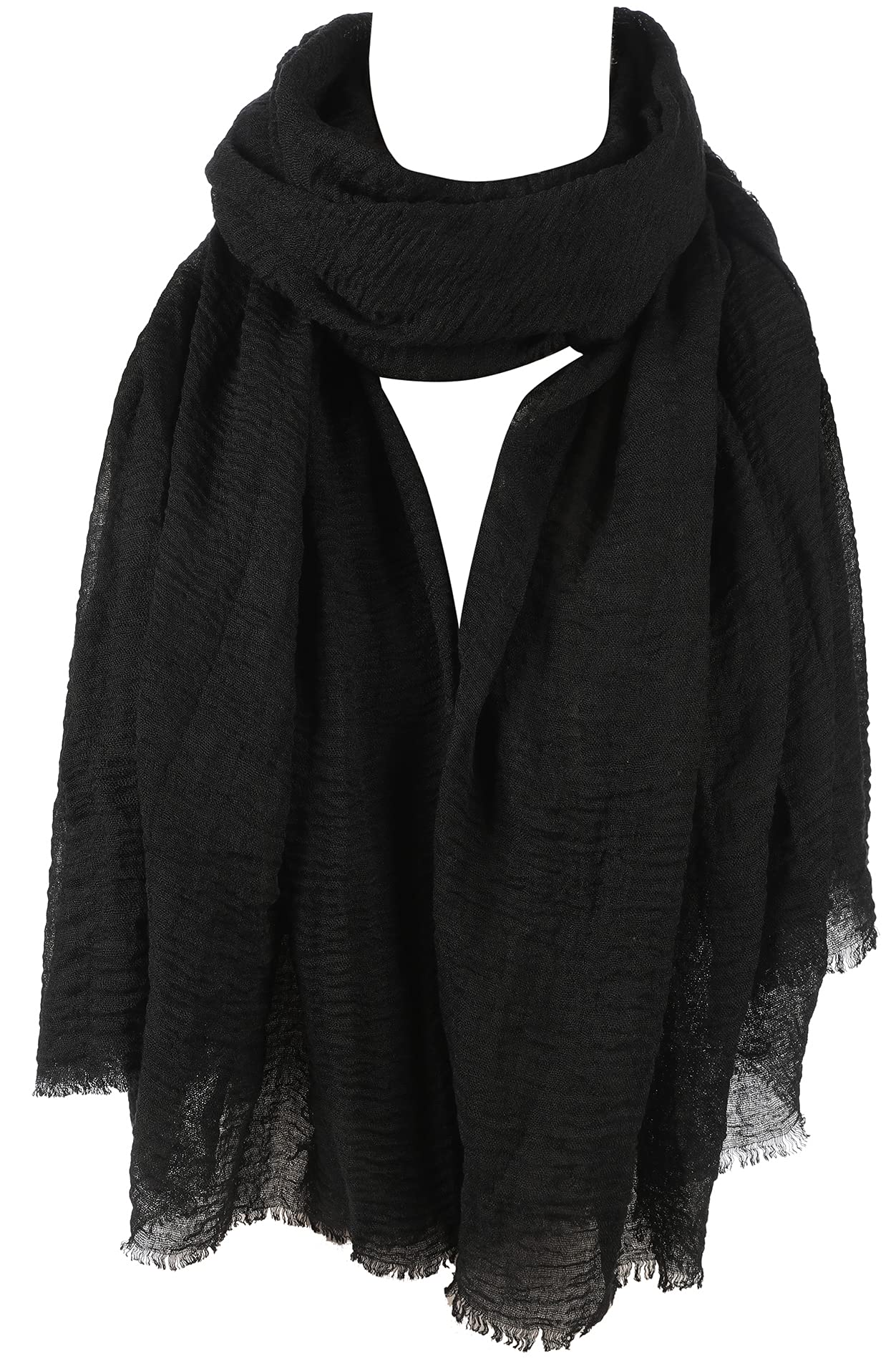 London Scarfs Crinkle Scarf Ladies Wrap Maxi Hijab with Frayed Edges (Black)
