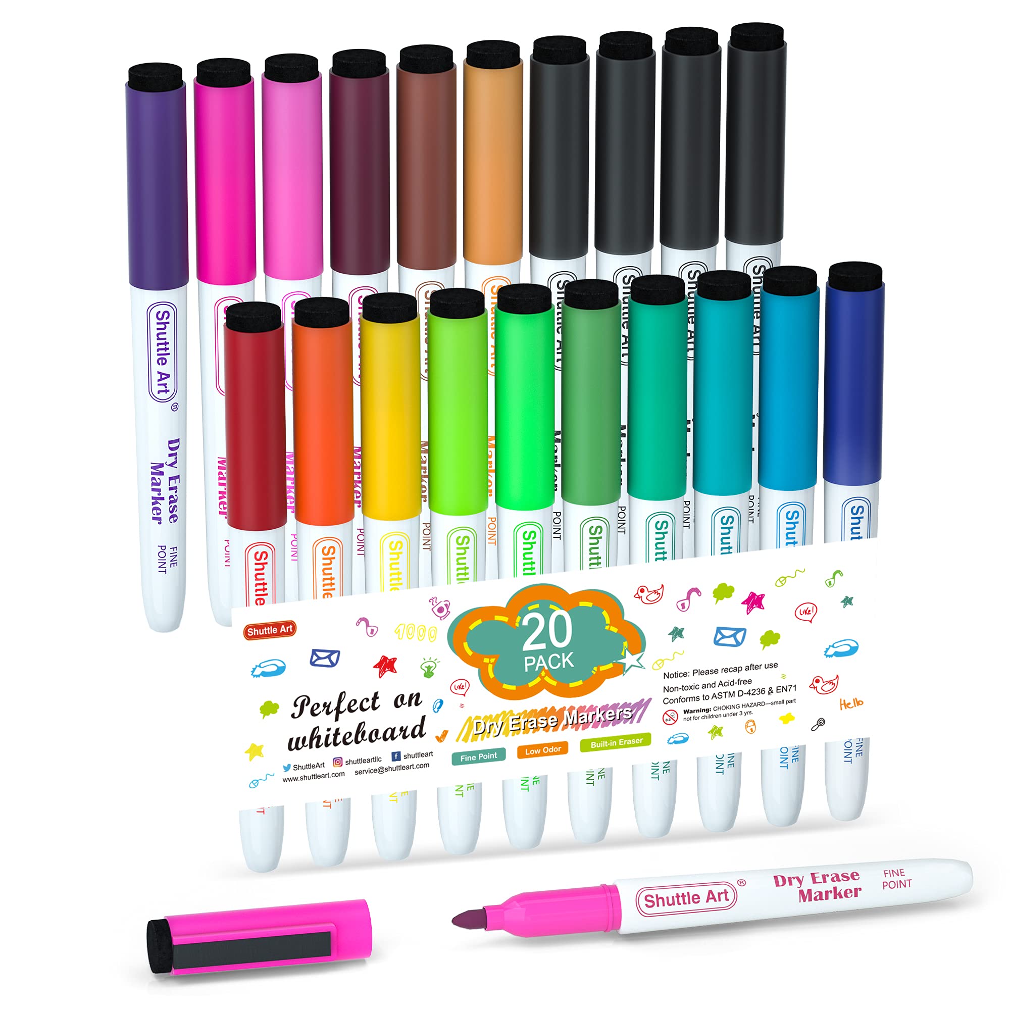Shuttle Art Dry Erase Markers, 20 Pack 17 Colors Whiteboard Markers,Bundled with 3 Extra Black,Fine Tip Dry Erase Markers for Kids,Perfect for Writing on Dry-Erase Surfaces,School Office SuppliesGlobal Recycled StandardGlobal Recycled StandardGlobal Recycled Standard