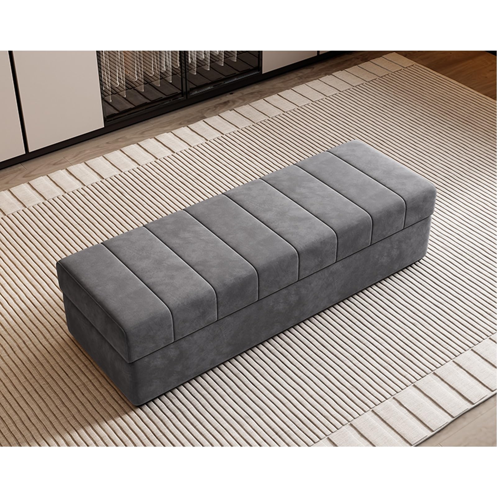 LMMIAOZ Gray Cat Claw Flannel Ottoman with Storage - Extra Long Rectangular Bench Footstool for Bedroom & Living Room Shoe Change Stool & Foot Rest Stylish & Functional Storage S