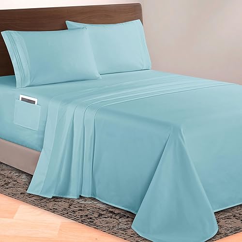 Elegant Comfort Luxurious 1500 Premium Hotel Quality Microfiber 4-Piece Sheet Set, 18-24 Inches Deep - Extra Deep Pocket Sheets - Ultra Soft 4PC Deep Pocket Sheets, Twin/Twin XL, Aqua Blue