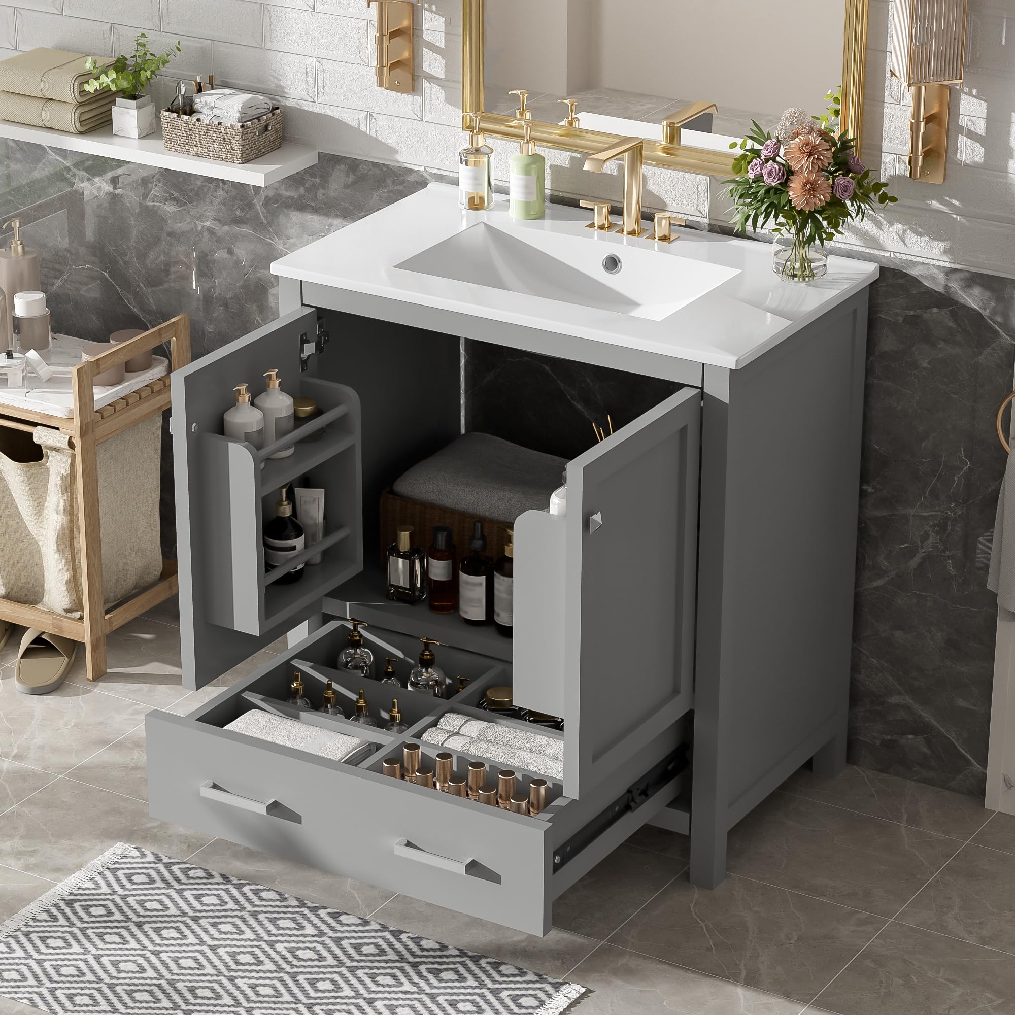 Mirightone 30" Bathroom Vanity with Sink, Grey, Modern Style, 2 Doors, 1 Drawer, 1 Shelf, Freestanding, 30" x 34" x 18.3"
