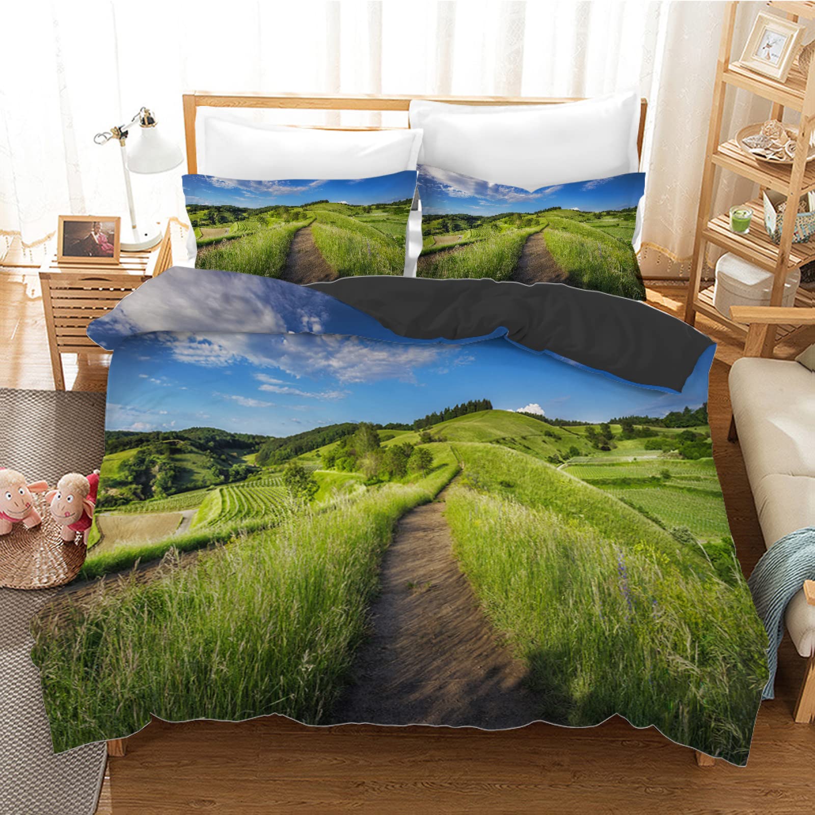 Housse de couette 140x200 champ de blé bleu avec 2 taies d'oreiller microfibre ado