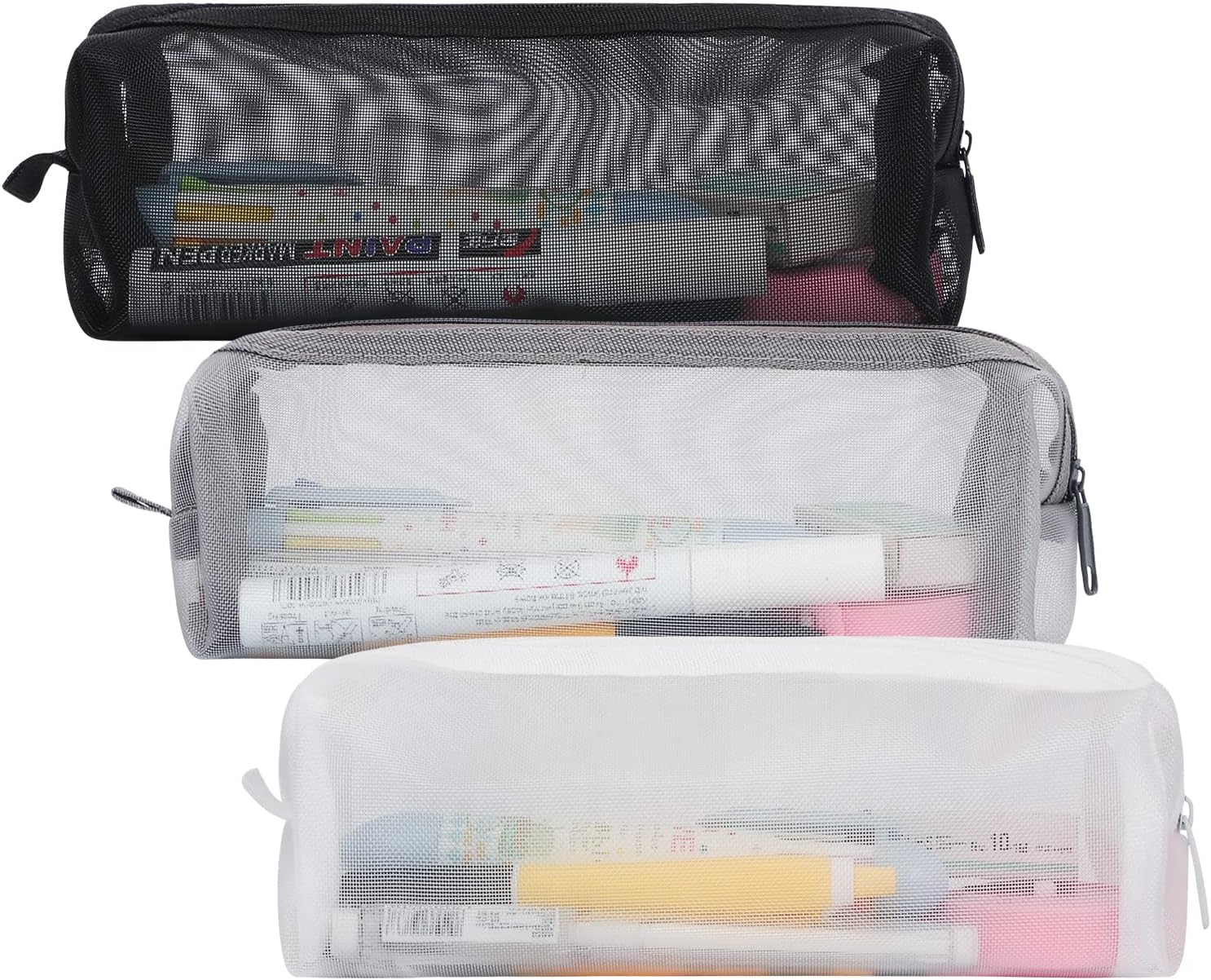 Colorlife Mesh Pen Bag, 3 Pack Zipper Mesh Pouch, Multifunctional Clear Pencil Case Organizer Stationery Storage Bag for Office Supplies Cosmetics Makeup Travel Accessories