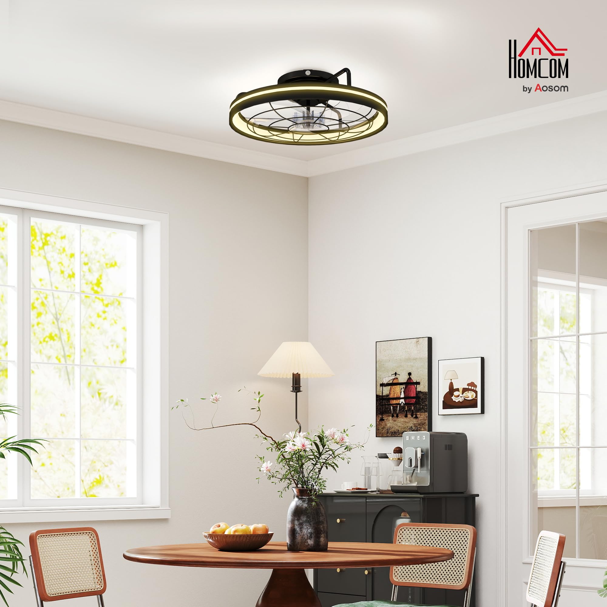 HOMCOM Deckenventilator mit Beleuchtung, Fernbedienung, Ø48 cm, 40 W LED Deckenleuchte mit Ventilator, 3 Lichtfarben, Timer, 6 Geschwindigkeiten, dimmbar, leiser DC Motor, Lampenschirm Schwarz