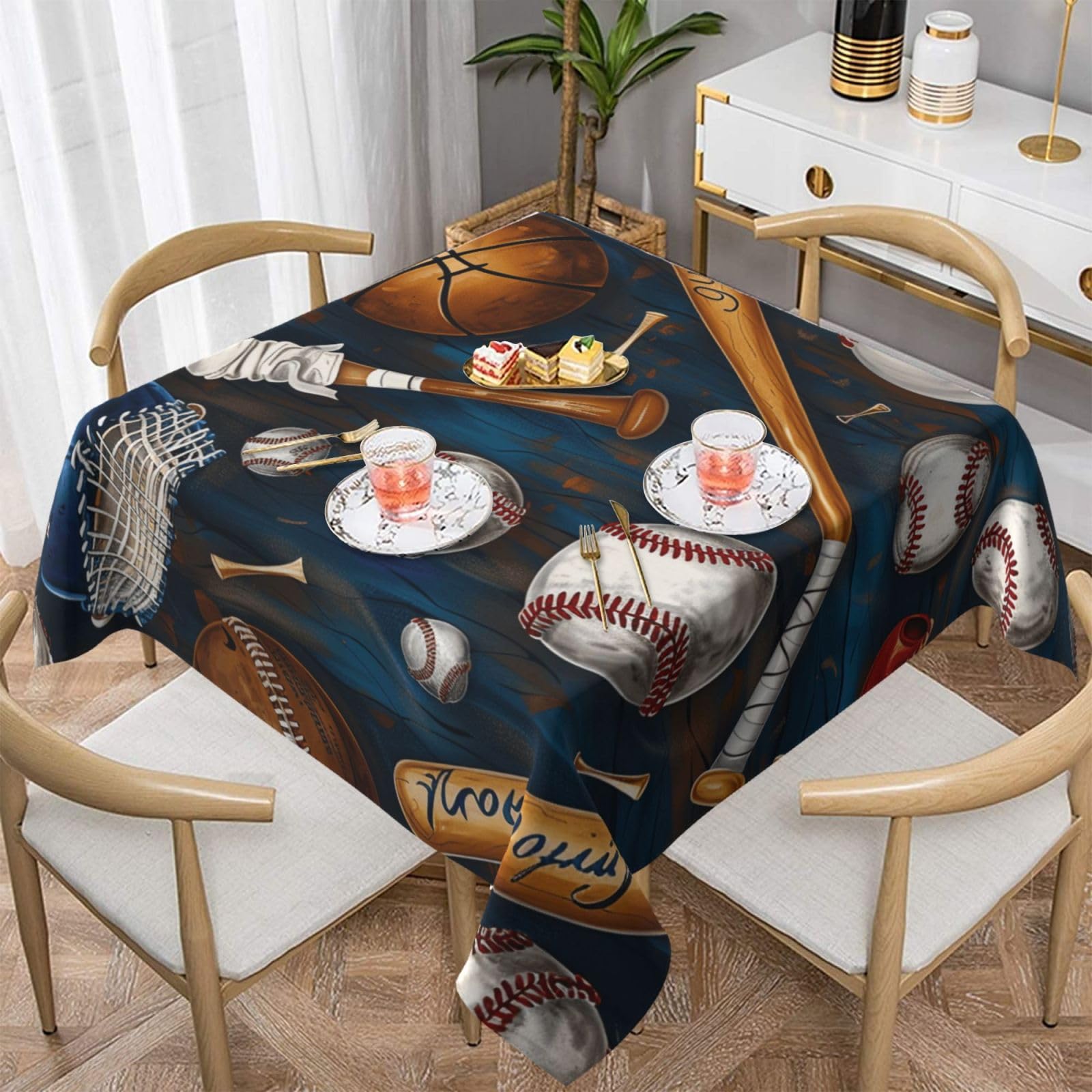 WPKJU Baseball Basketball Football Hockey Printed Square Tablecloth 54x54 inch Water Resistant Table Cover Washable Rectangle Table Cloth for Dining Tables