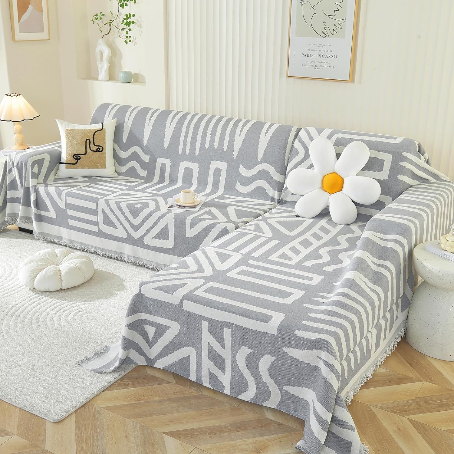 OstepDecor Boho Sectional Couch Covers 2 Pieces, L Shaped Sofa Cover, Chenille Couch Cover for Dogs Washable, Couch Cover Blanket, Sofa Slipcover for 2-3 Cushion Couch (71"x118"+91"x134", Gray) Bohemia Gray Chaise+3 or 4 Seats