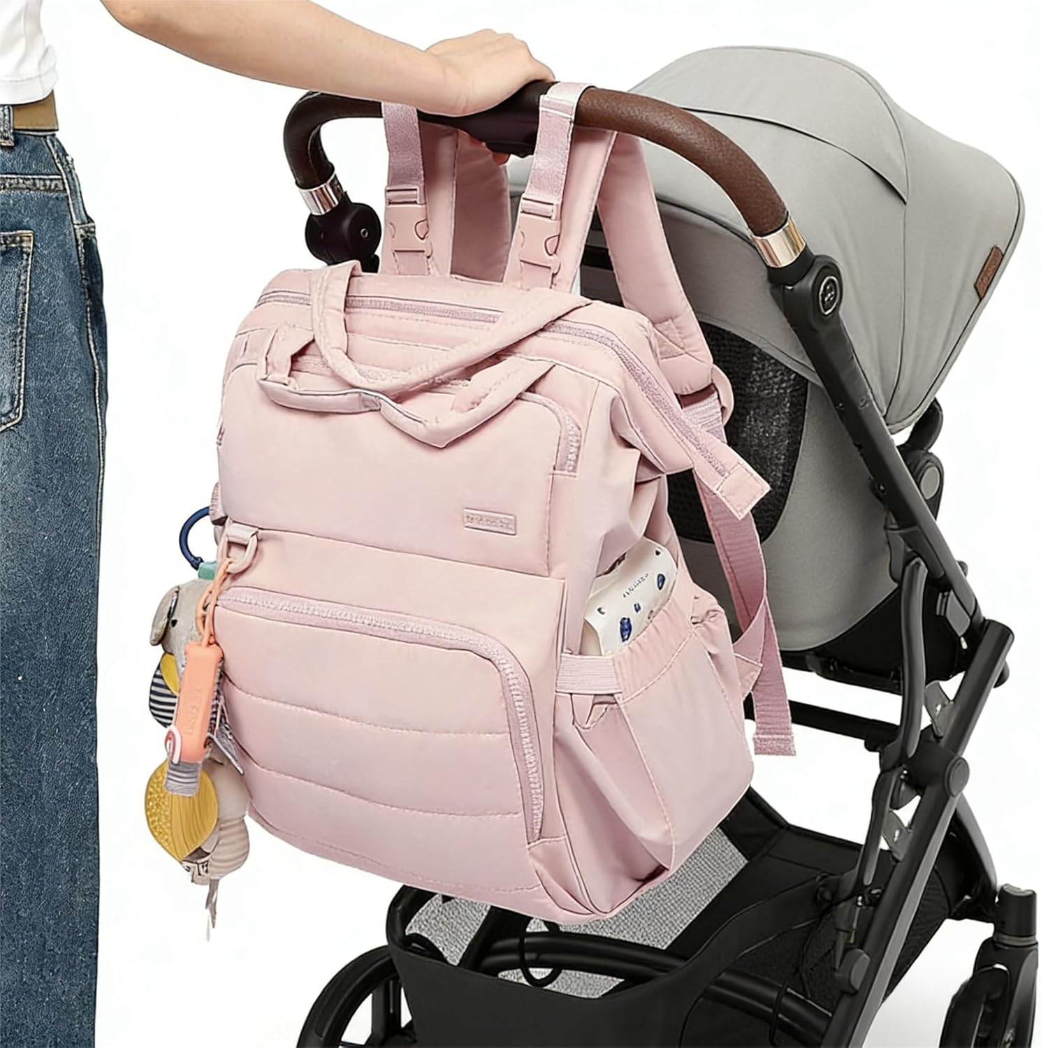 BELALIFE Baby Diaper Backpack Bag, Baby Essentials Travel Backpack for Moms Dads, with Changing Pad, Insulated Bottle Holders & Stroller Straps, Pink - Image 6