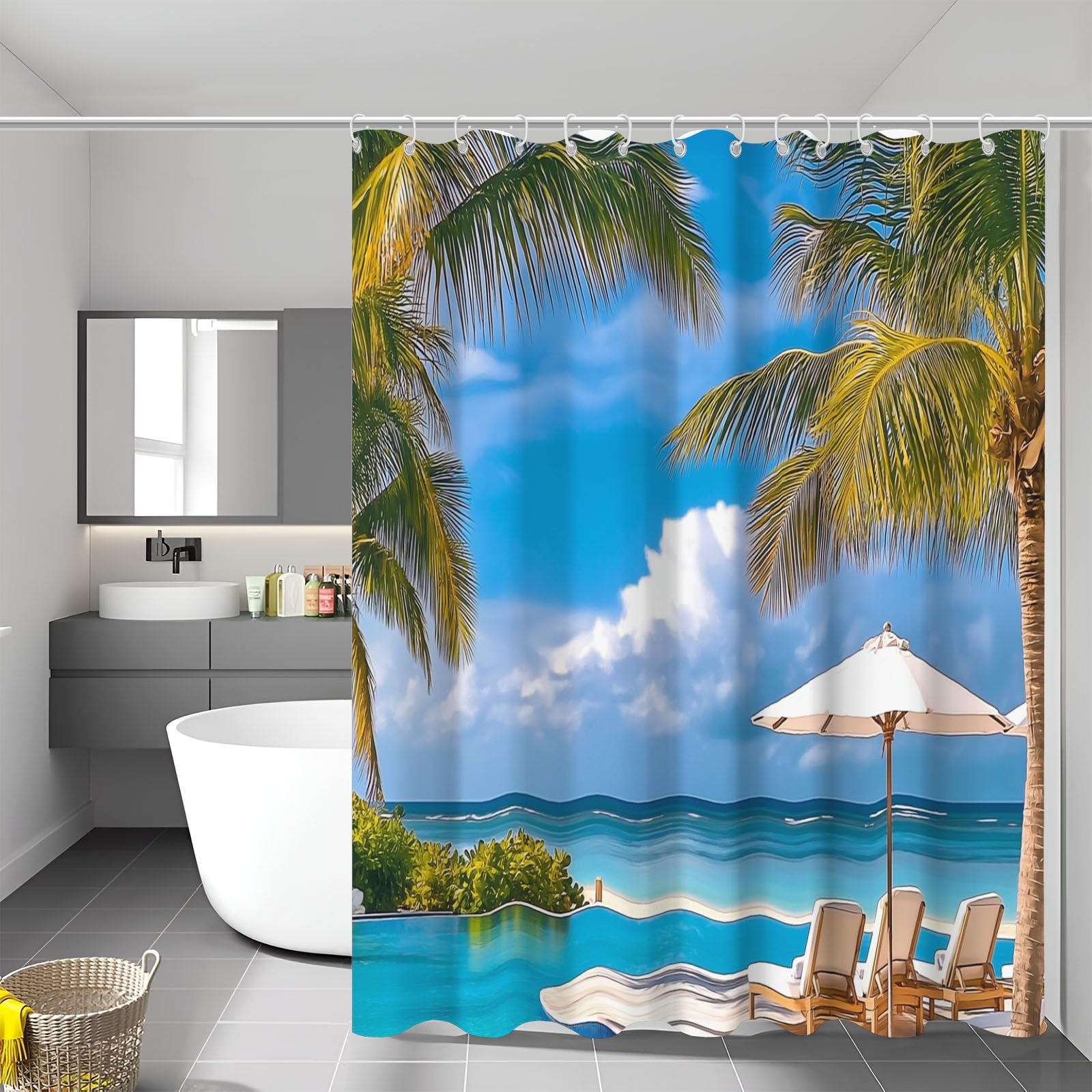 Rideau de douche imperméable et lavable en polyester 150x180 motif piscine palmiers exotiques