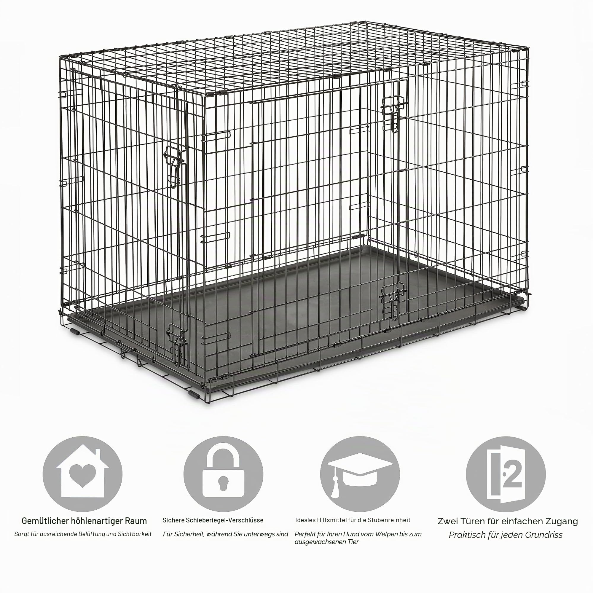 Zweitürige, zusammenklappbare Metall-Hundebox, 122 cm, verbesserte Sicherheit, inkl. auslaufsicherer Wanne, für extragroße Rassen