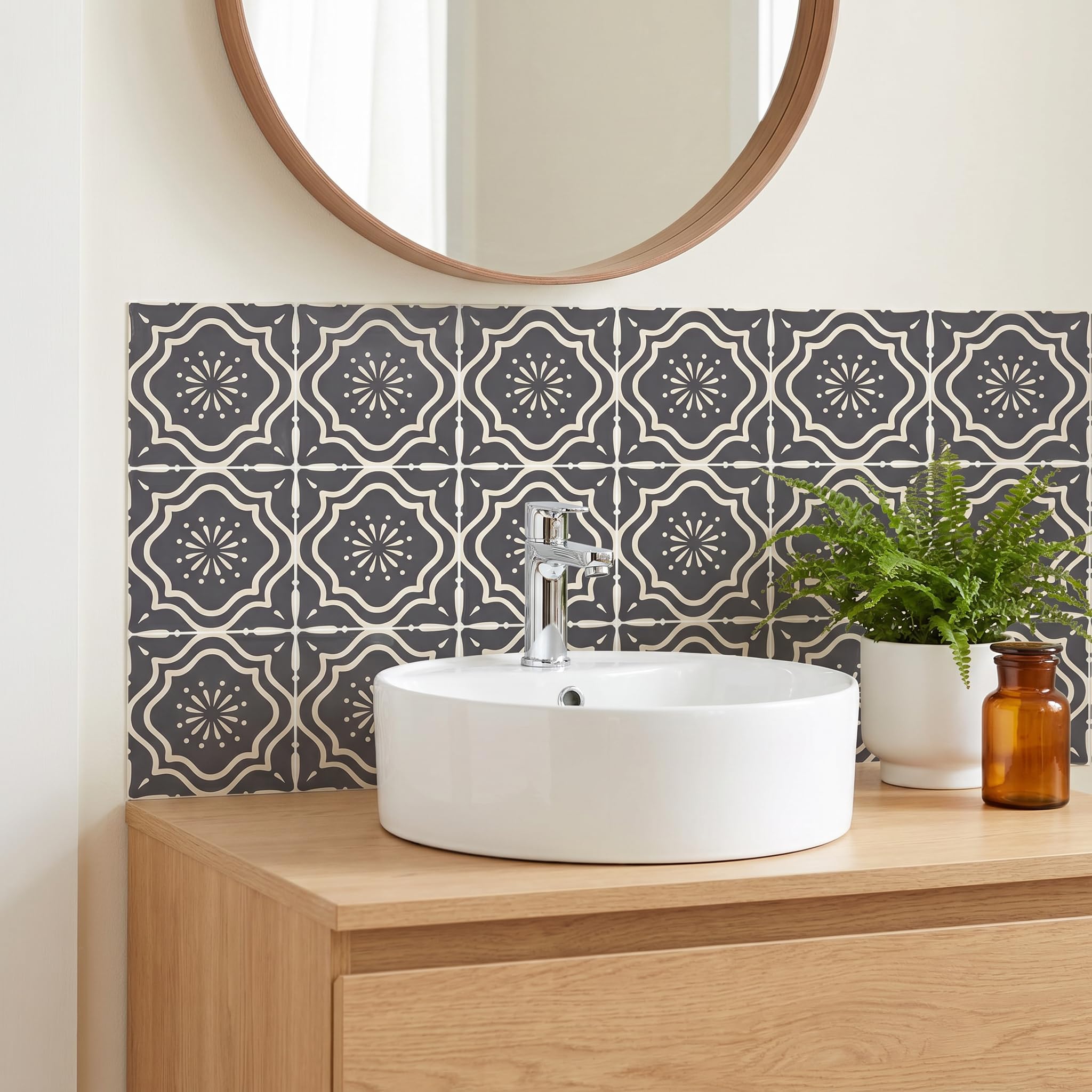 MEIHEA 16 Count Moroccan Tile Decals 5.9 inch – Self Adhesive Vinyl Wall Stickers, Waterproof Peel & Stick for Kitchen Backsplash, Bathroom, Stair Tread Accent (Grey) — image 1