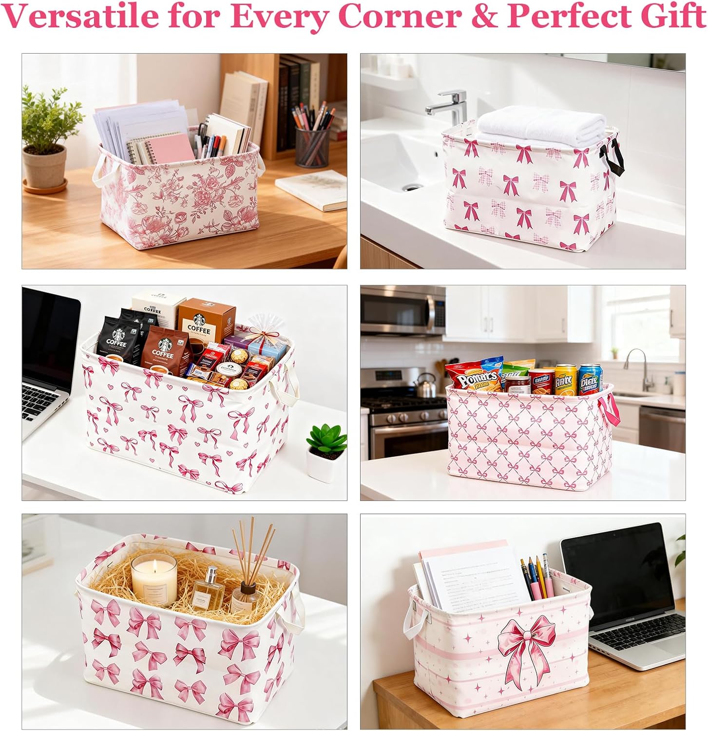 6Pcs Pink Bow Basket Set, Collapsible Storage Basket, Waterproof Canvas Bin with Leather Handles for Room Decor, Gift Baskets
