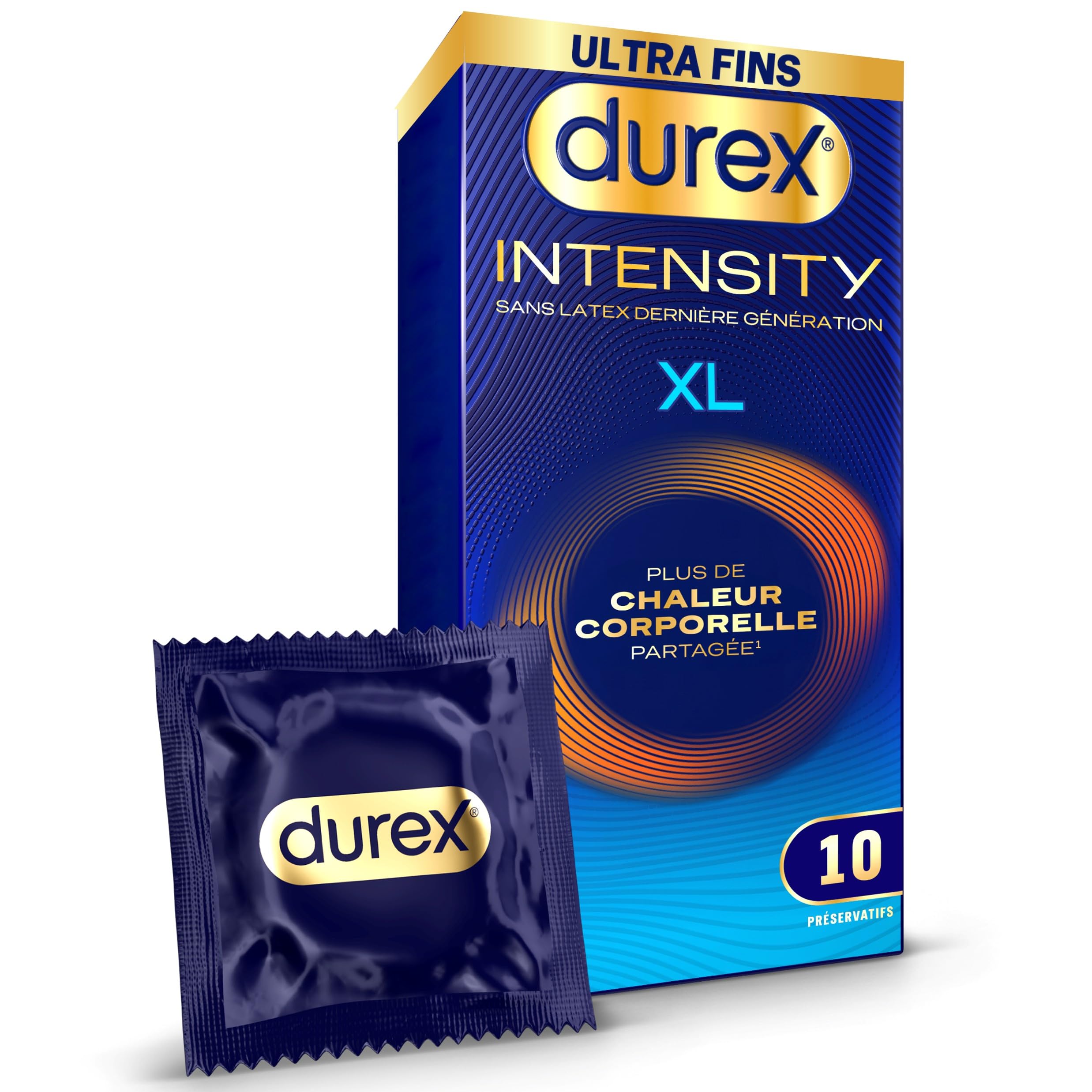Durex Intensity – 10 Préservatifs Homme XL Sans Latex Ultra Fins et Lubrifiés – Plus de Chaleur Corporelle Partagée – Taille Large