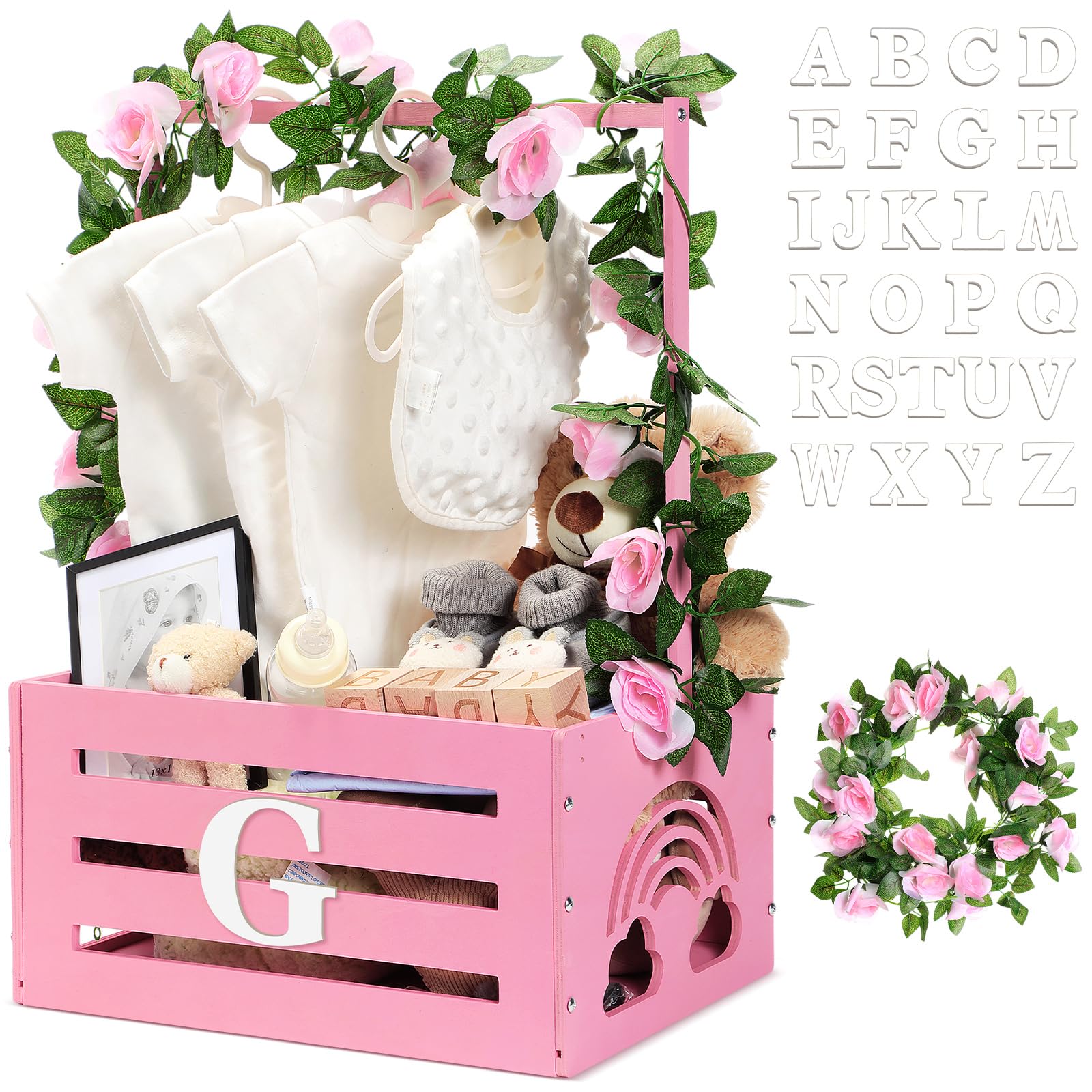 Yerliker Caja de almacenamiento de madera para baby shower con asa, guirnalda de 26 letras, caja de regalo para niñas y niños, regalos de embarazo (rosa)