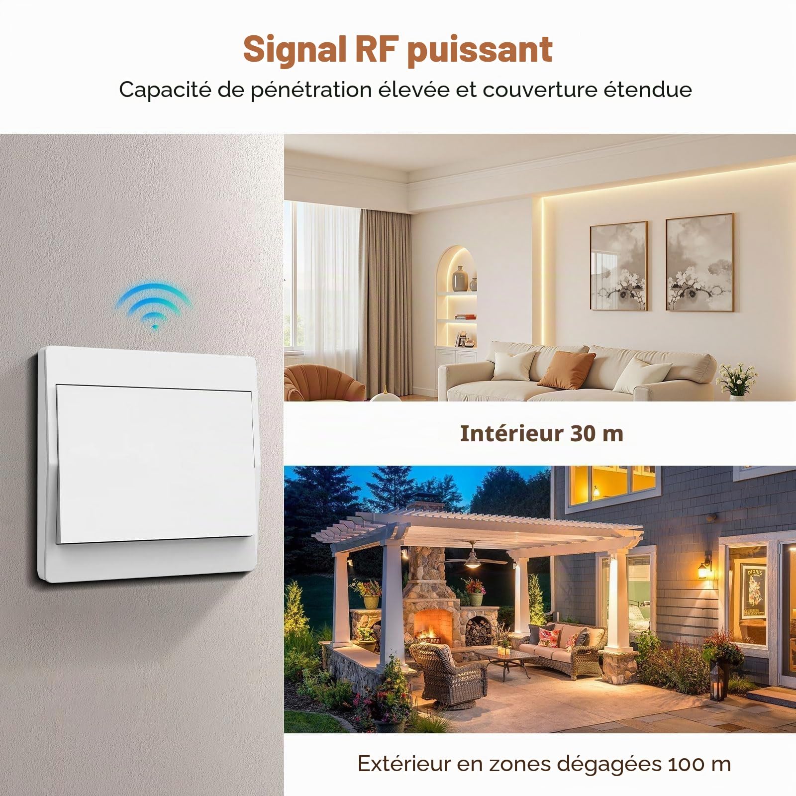 EU Interrupteur Sans Fil 230V, Ensemble D'interrupteurs Autoalimente Va Et Vient Sans Fil – Pas De Piles Nécessaires, Interrupteur Mural Étanche, Contrôlez Votre Lampe À Jusqu'à 200 M À Distance (3V1)
