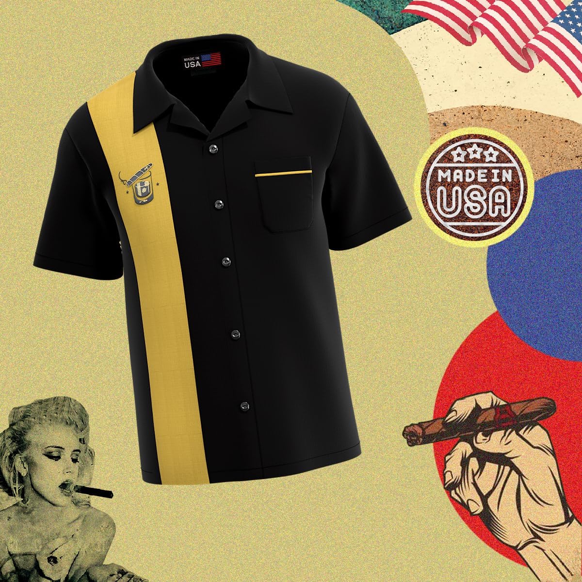 BeRetro Men's Cigar Button Down Bowling Shirt - Cuban Guayabera Smoking Shirt