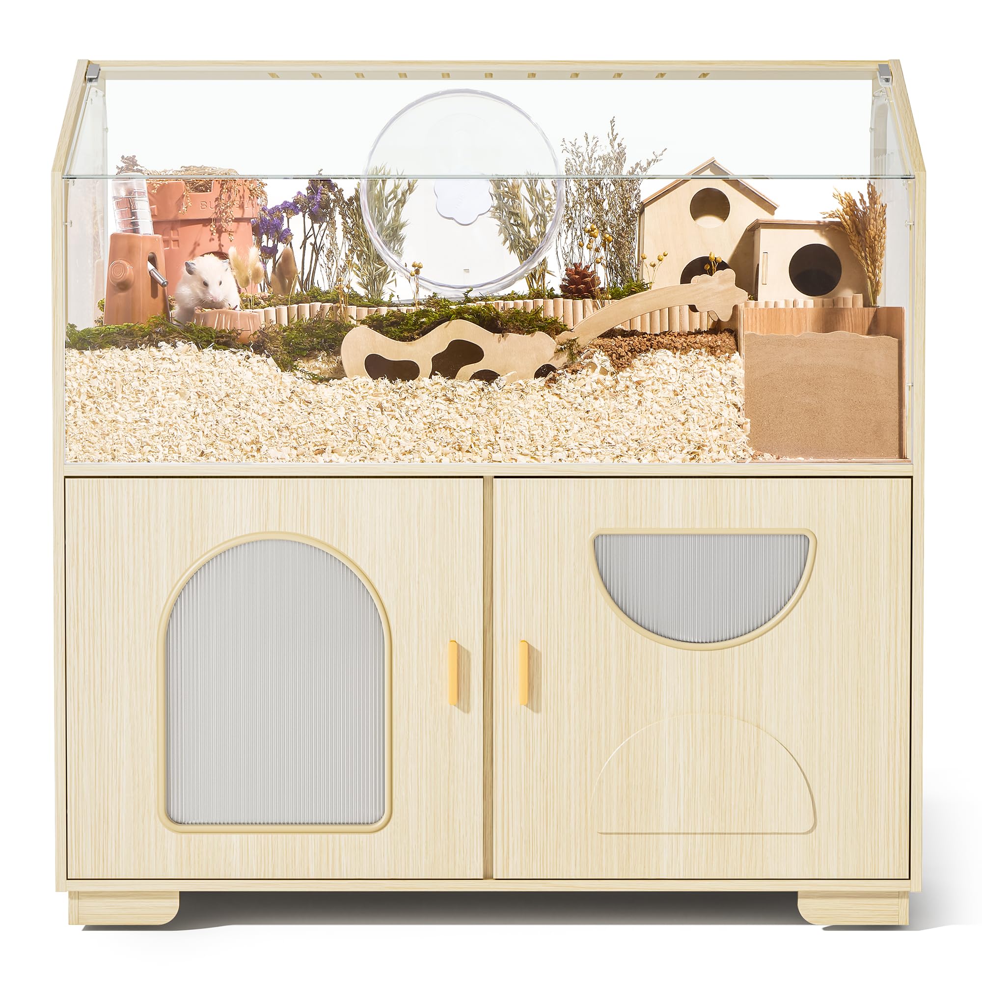BUCATSTATE Hamster Cage with Storage Cabinet, 0.5㎡ Large Hamster Enclosure with Cage Casters, Wooden Small Animal Cages for Gerbil Mouse Dwarf Syrian Hamster