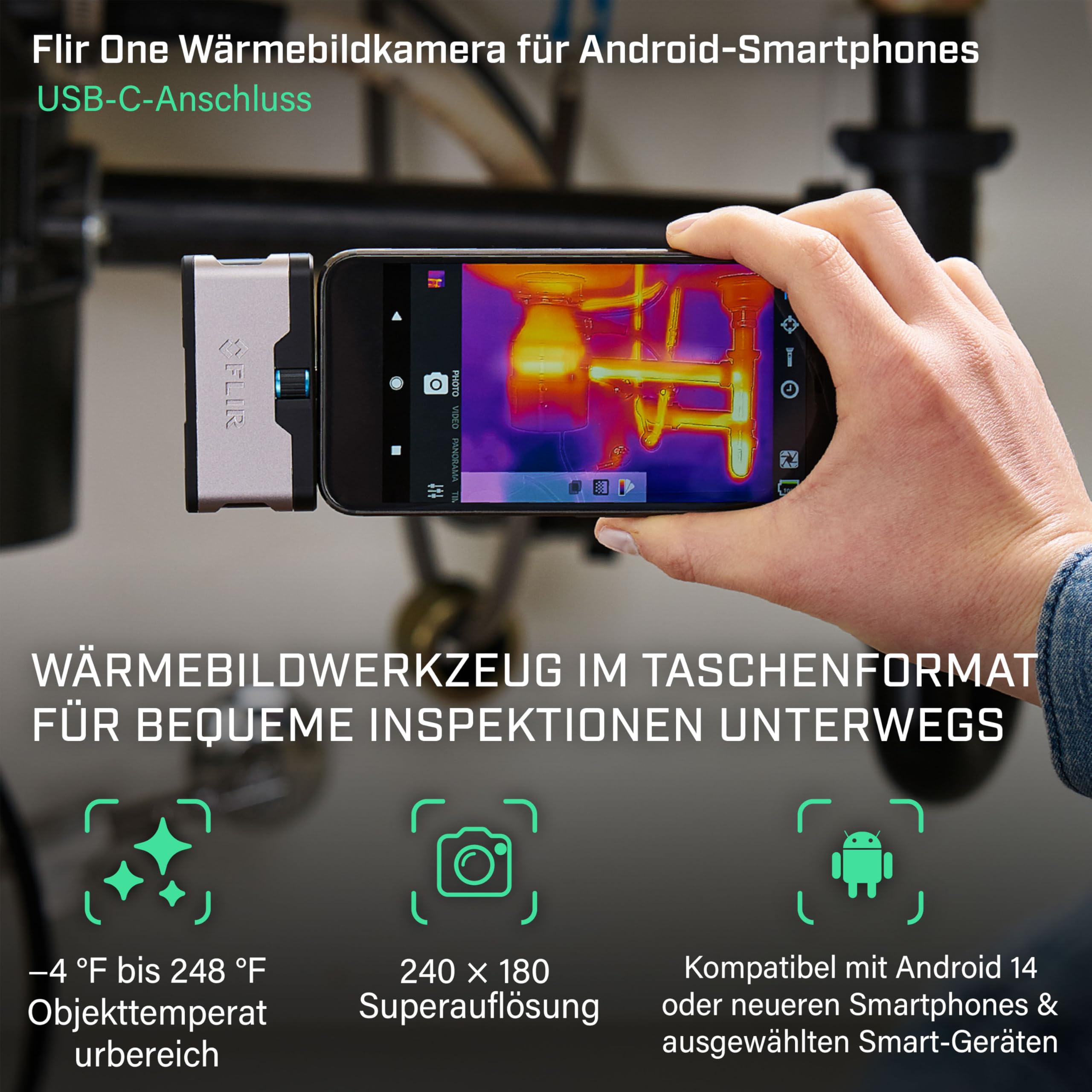 FLIR ONE Gen 3 - Wärmebildkamera für Android-Smartphones (USB-C): Einsatz für Hausinspektionen, Heizungs-, Lüftungs- und Klimatechnik, Automobil- und Maschinenbau und mehr