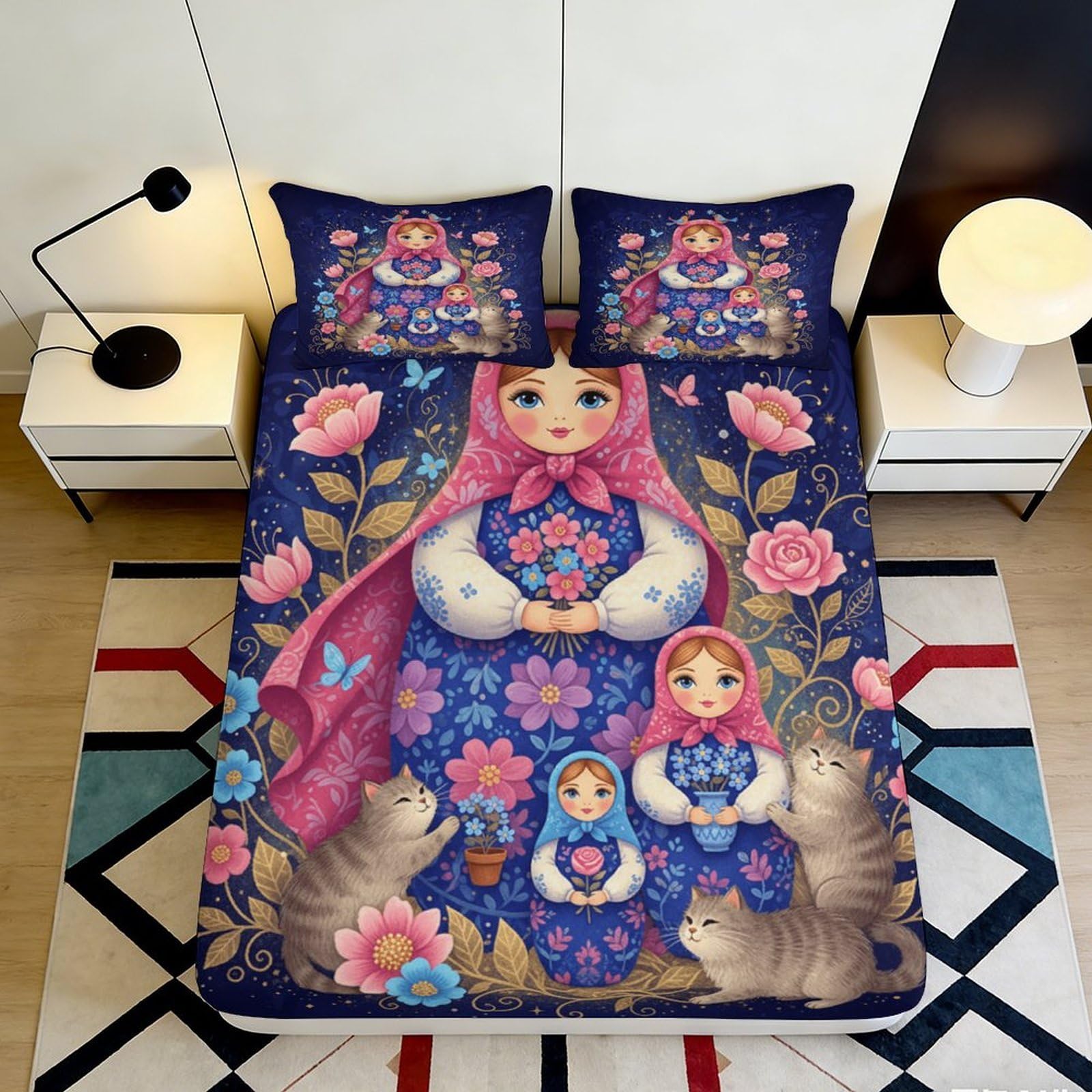 3D Printed Russian Matryoshka Fitted Sheet Microfiber Pink Floral Doll Bed Cover for Bedroom Guest Room Decor 90x200x25cm