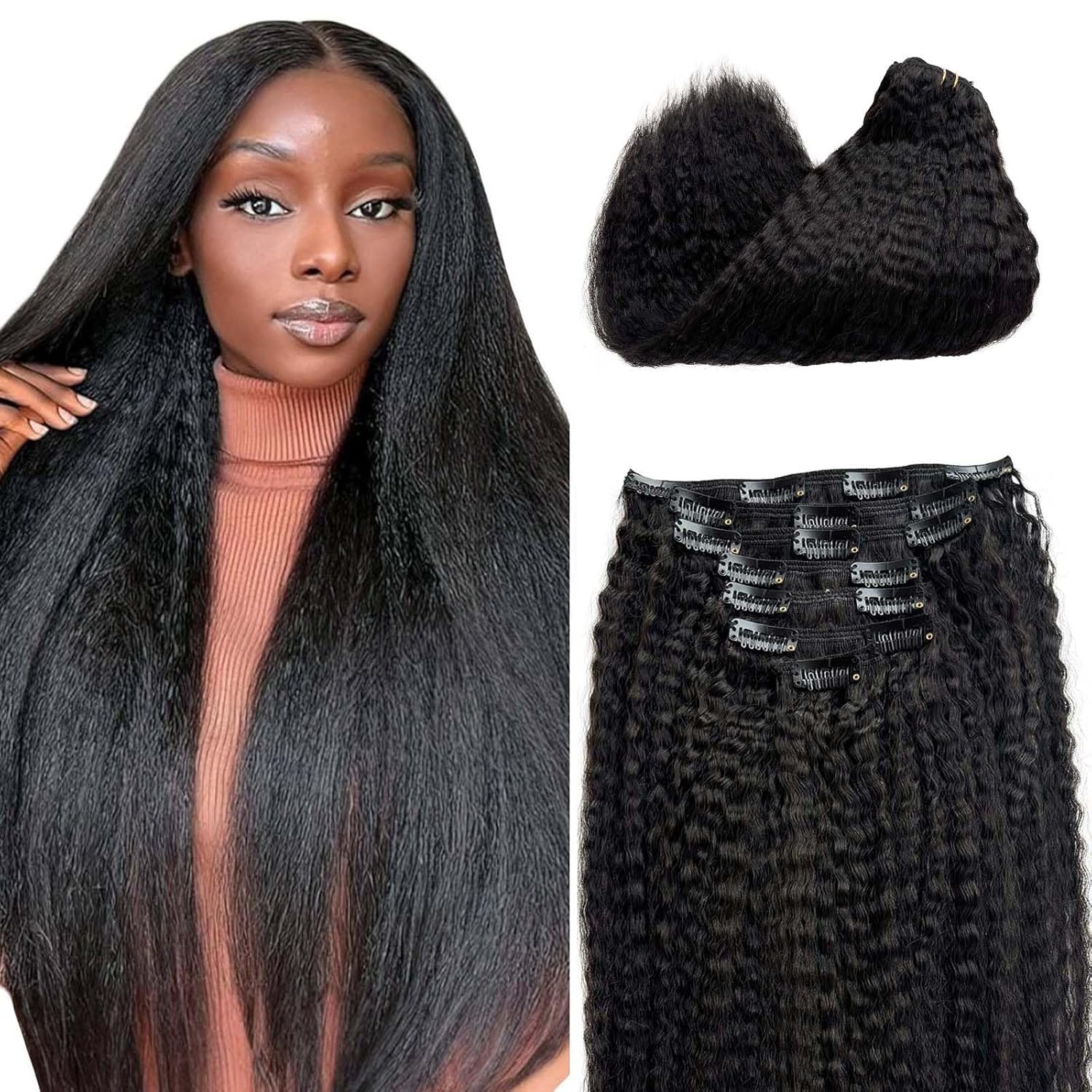 Kinky Straight Clip in Hair Extensions 120Gram Brazilian Virgin Kinky Clip in Human Hair Extensions for Black Women Full Head Natural Black #1b Kinky Straight Clip ins 18 Inch