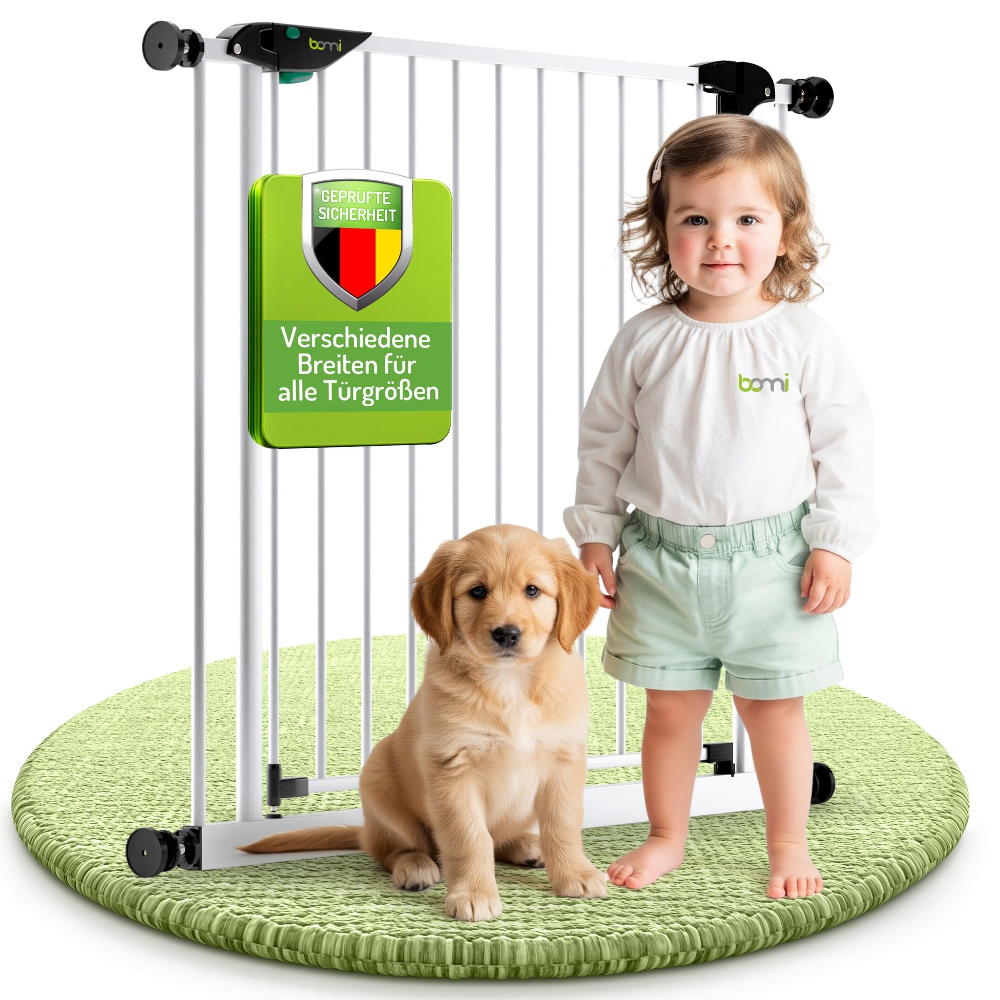 BOMI Variables Schutzgitter Mira | Ohne Bohren | Schließt automatisch | Kindergitter Metall-Türschutzgitter weiß ohne Bohren | Automatisches Schließen des Türgitters | Breite: 123-131 cm