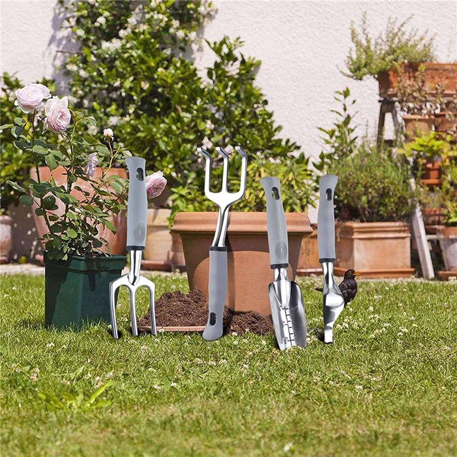Garden Tool Set 9 Piece Aluminum Hand Tool Kit Heavy Duty Gardening Work Set with Tote Bag and Garden Gloves for Digging Loosening Soil Aerating