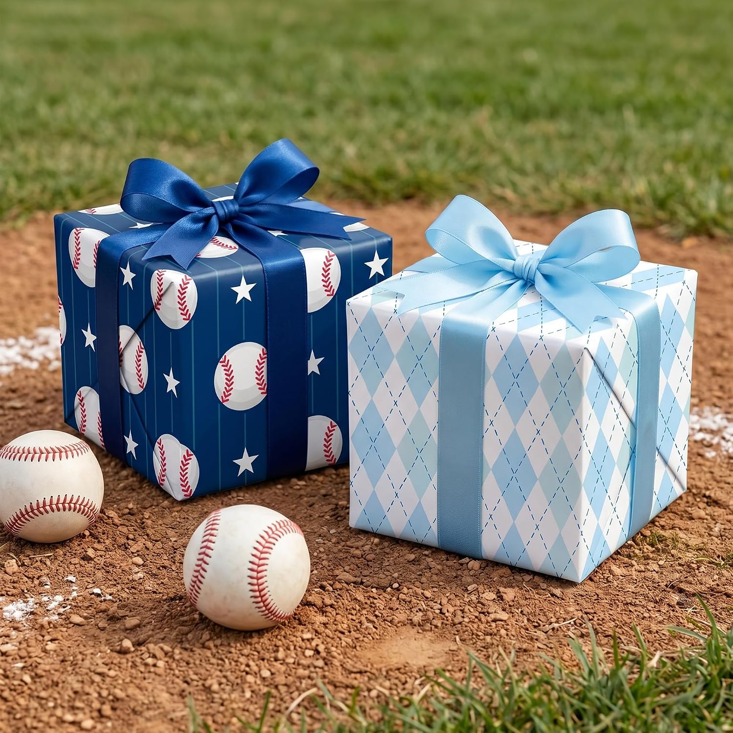 WAPLIGHAL Reversible Baseball Wrapping Paper for Boys Kids Men Sports Blue Plaid Gift Wrap for Birthday Baby Shower Father's Day - 17.5” x 25 ft image 5