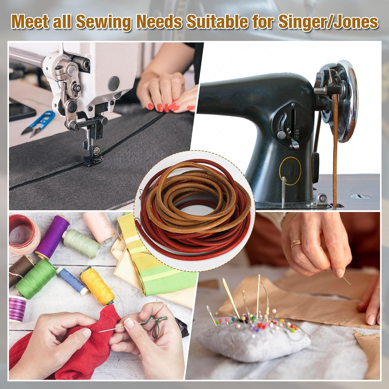 3 PCS Treadle Sewing Machine Belt, 72 Inch 3/16" Sewing Treadle Belts Replacement Leather Belt with Hook for Singer/Jones Sewing Machine 3PCS Sewing Machine Leather Belts Total 31 PCS Accessories