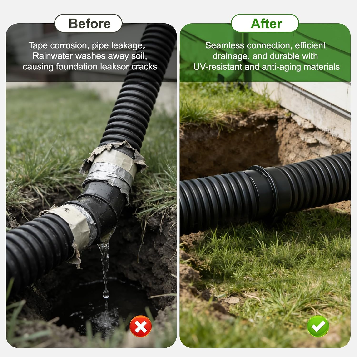 4" Universal Pipe Connector, Corrugated to PVC Pipe Adapter, Yard Drainage Coupler for Sump Pump Discharge & Downspout Extensions, Fits 4" SCH 40, 4" SDR 35 & 4" Corrugated Pipe - Black
