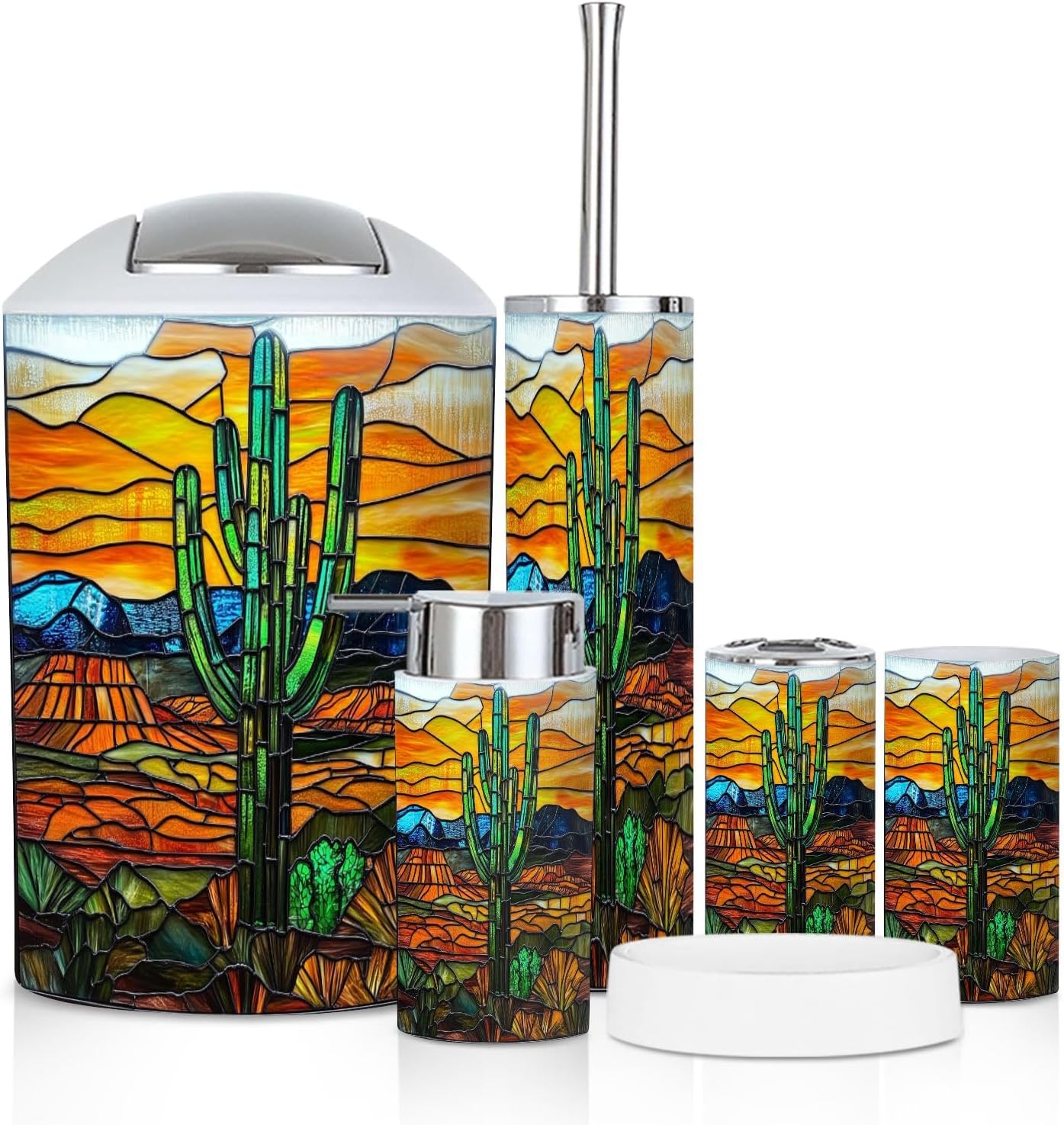 Bathroom Accessory Set 6 Piece Emerald Cactus Vibrant Sky Stained Glass Western Scene Desert Trash can, Toothbrush Holder, Soap Dispenser, Soap Dish, Toothbrush Cup, Toilet Brush Holder