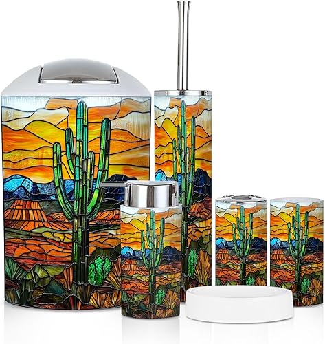 Miniatura 14 de Bathroom Accessory Set 6 Piece Mid Century Vintage 1950s Modern Retro Geometric Lattice Star Trash can, Toothbrush Holder, Soap Dispenser, Soap