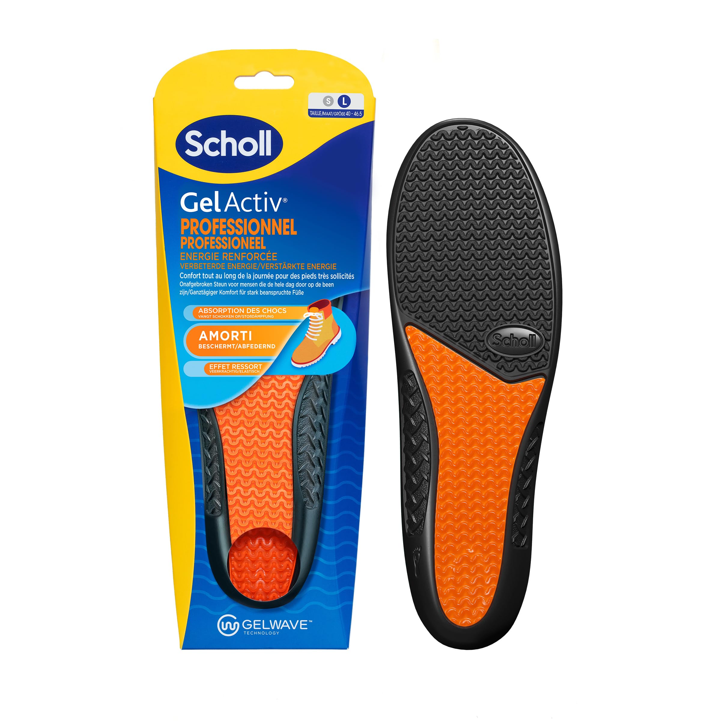 Scholl Semelles GelActiv Professionnel - Chaussures de travail Hommes - Pour un confort durable avec une absorption des chocs et un amorti renforcé grâce à la technologie GelWave - Taille 40 à 46,5