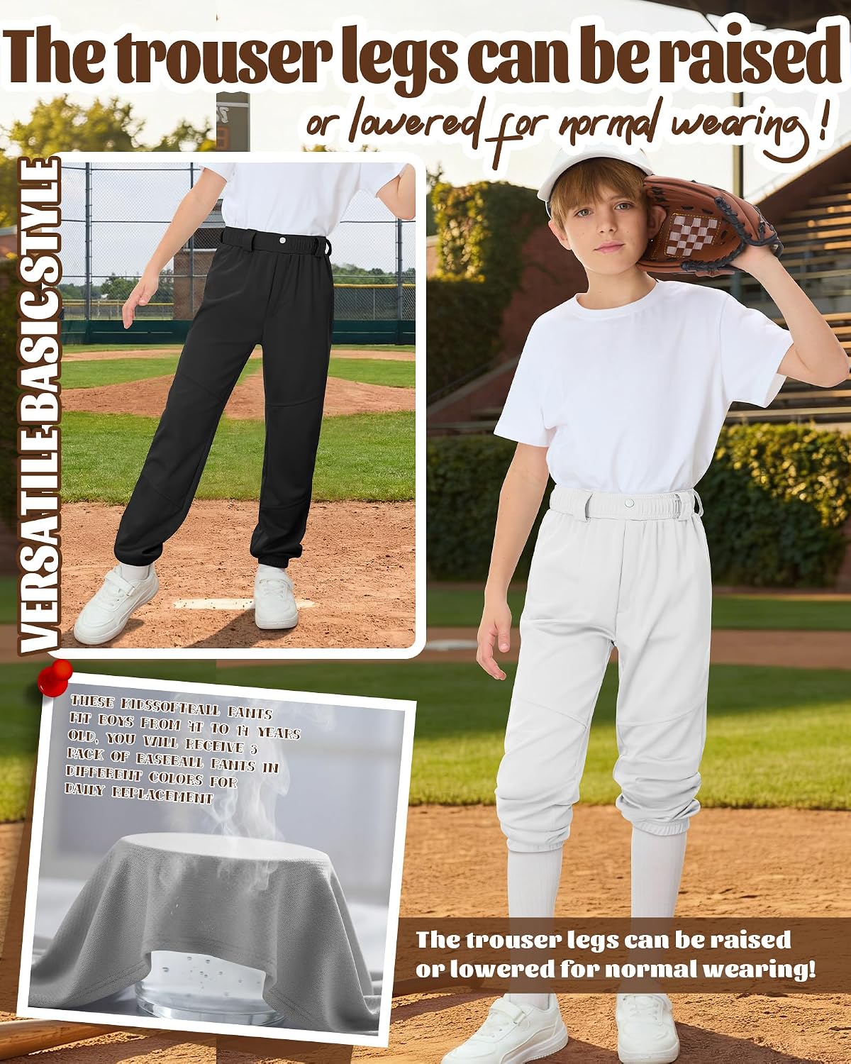 3 Pack 4T to 14 Years Baseball Pants for Kids Boys Tee Ball Pants Youth Softball Pants Pocket Interior Drawstring