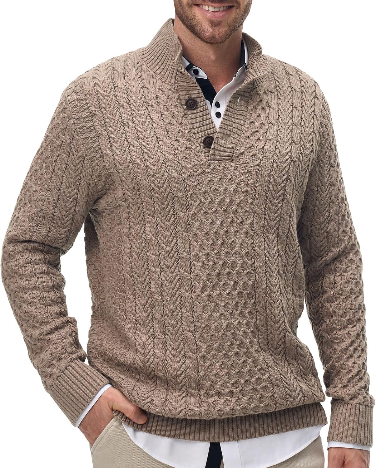 Mens Stand Collar Pullover Sweater Slim Fit Button Casual Knitted Sweaters Twisted Thermal Fashion Henley Sweater - Image 6
