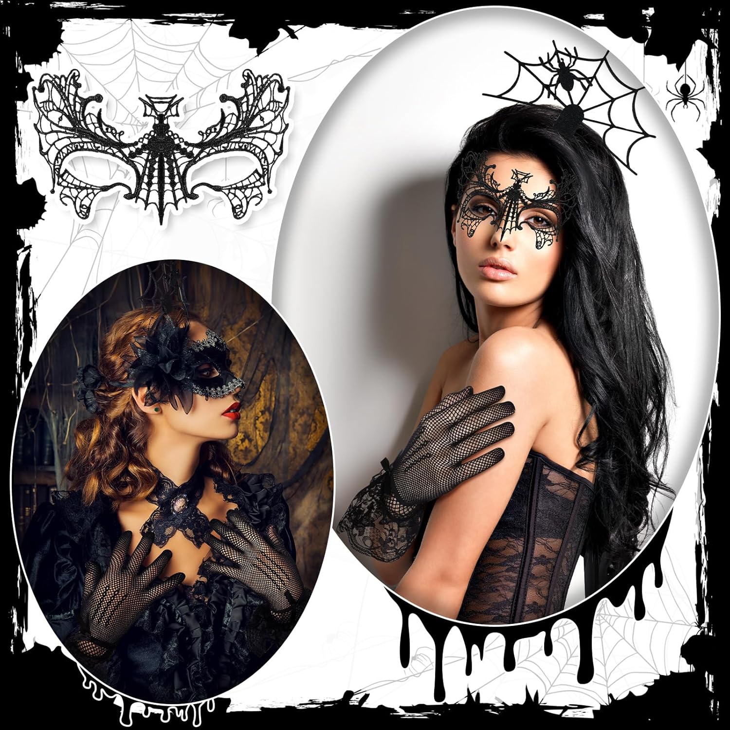 Newcotte 5 Pcs Women Halloween Spider Costume Accessory Spider Web Dress Poncho Cape Hair Hoop Stockings Lace Mask Choker - Image 3